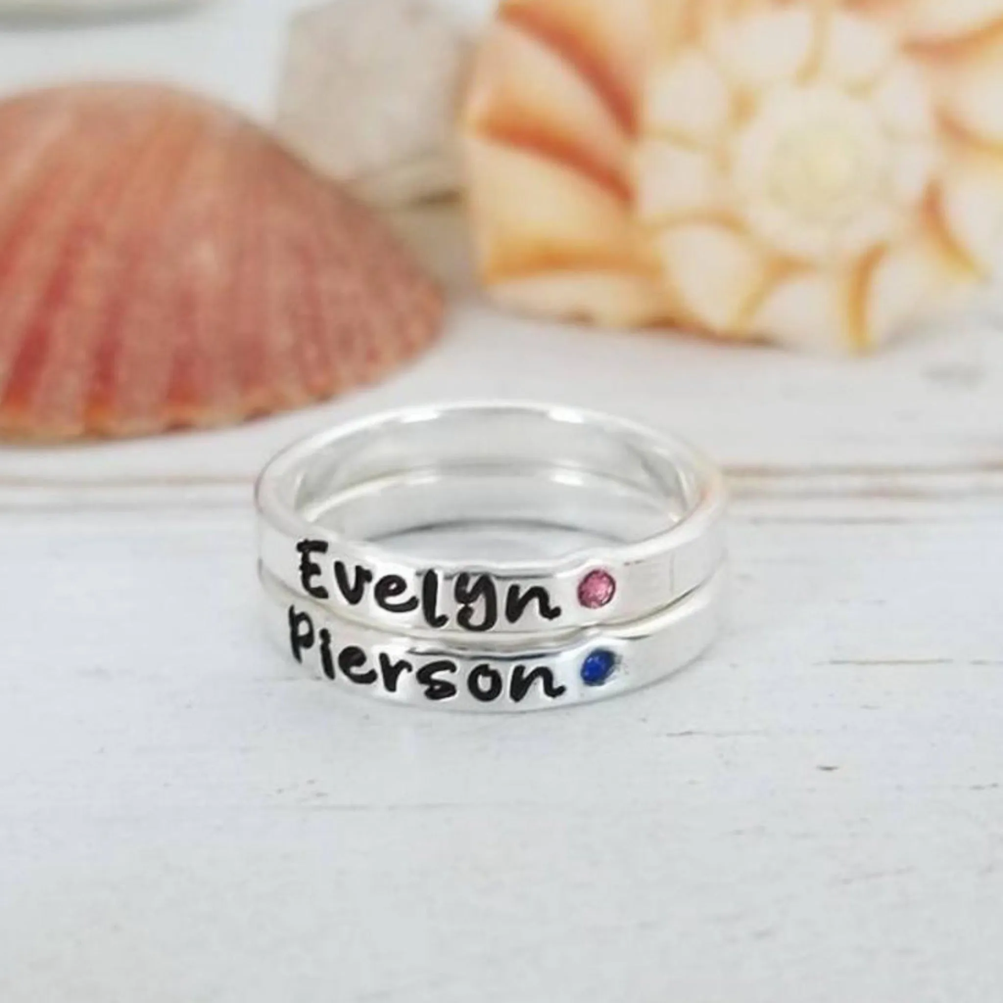 3mm Custom Name with Birthstone Ring - Sterling Silver