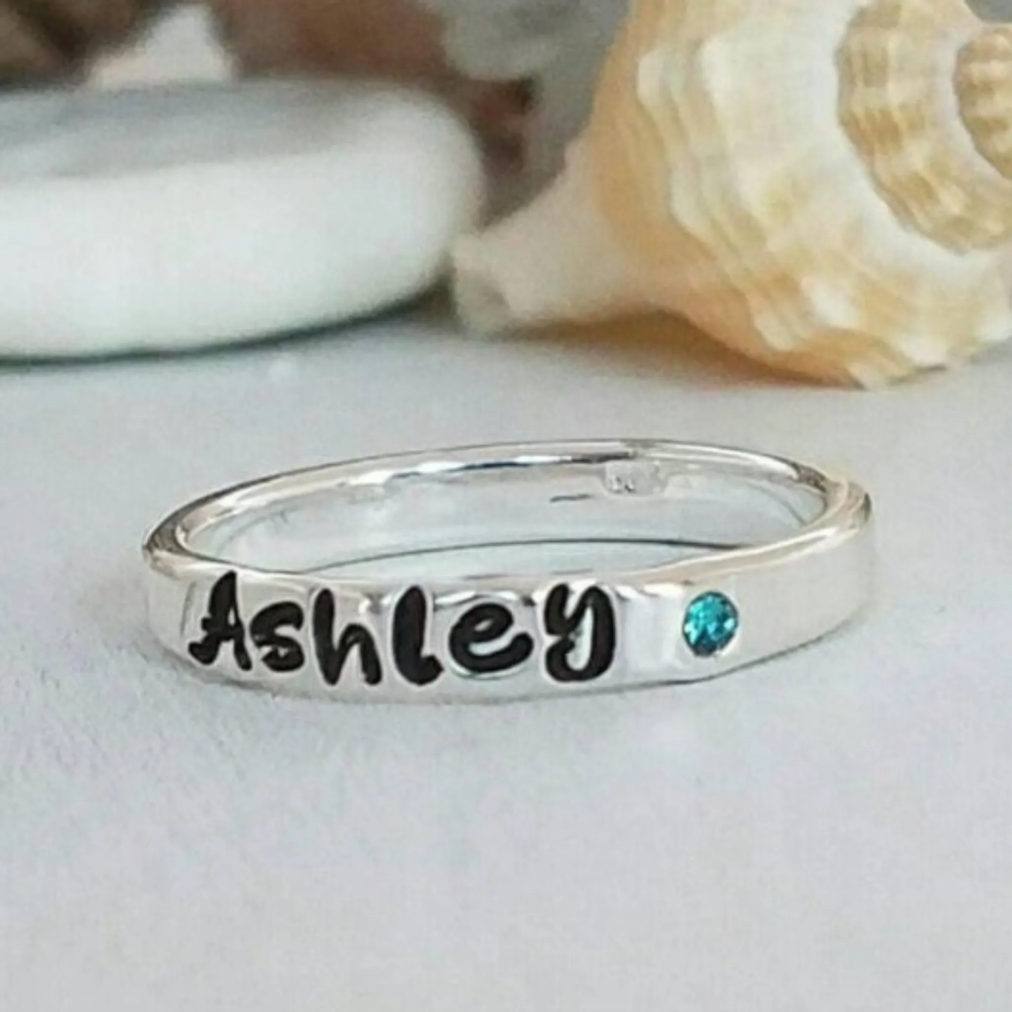 3mm Custom Name with Birthstone Ring - Sterling Silver
