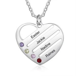 4 Names And 4 Stones Personalized Engraved Names Heart-Shaped Necklace