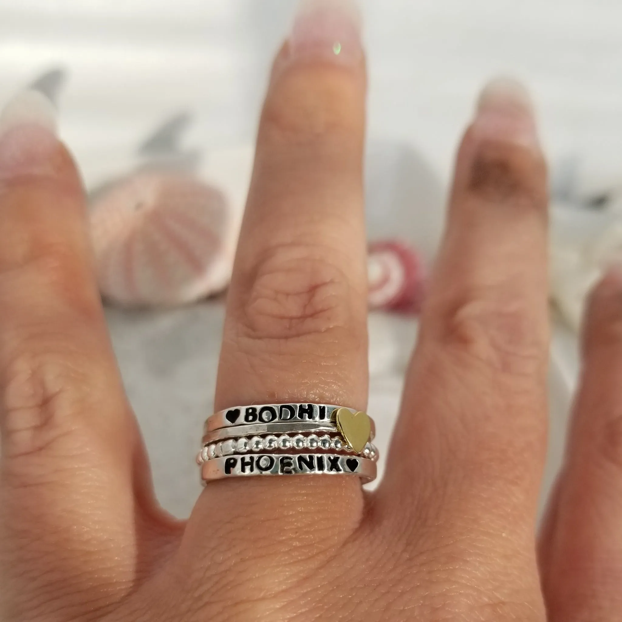 4pc Name and Heart 2mm Thin Stacking Ring Set - Sterling Silver