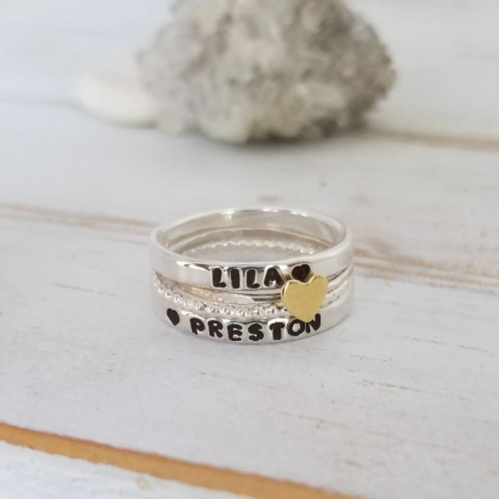 4pc Name and Heart 2mm Thin Stacking Ring Set - Sterling Silver
