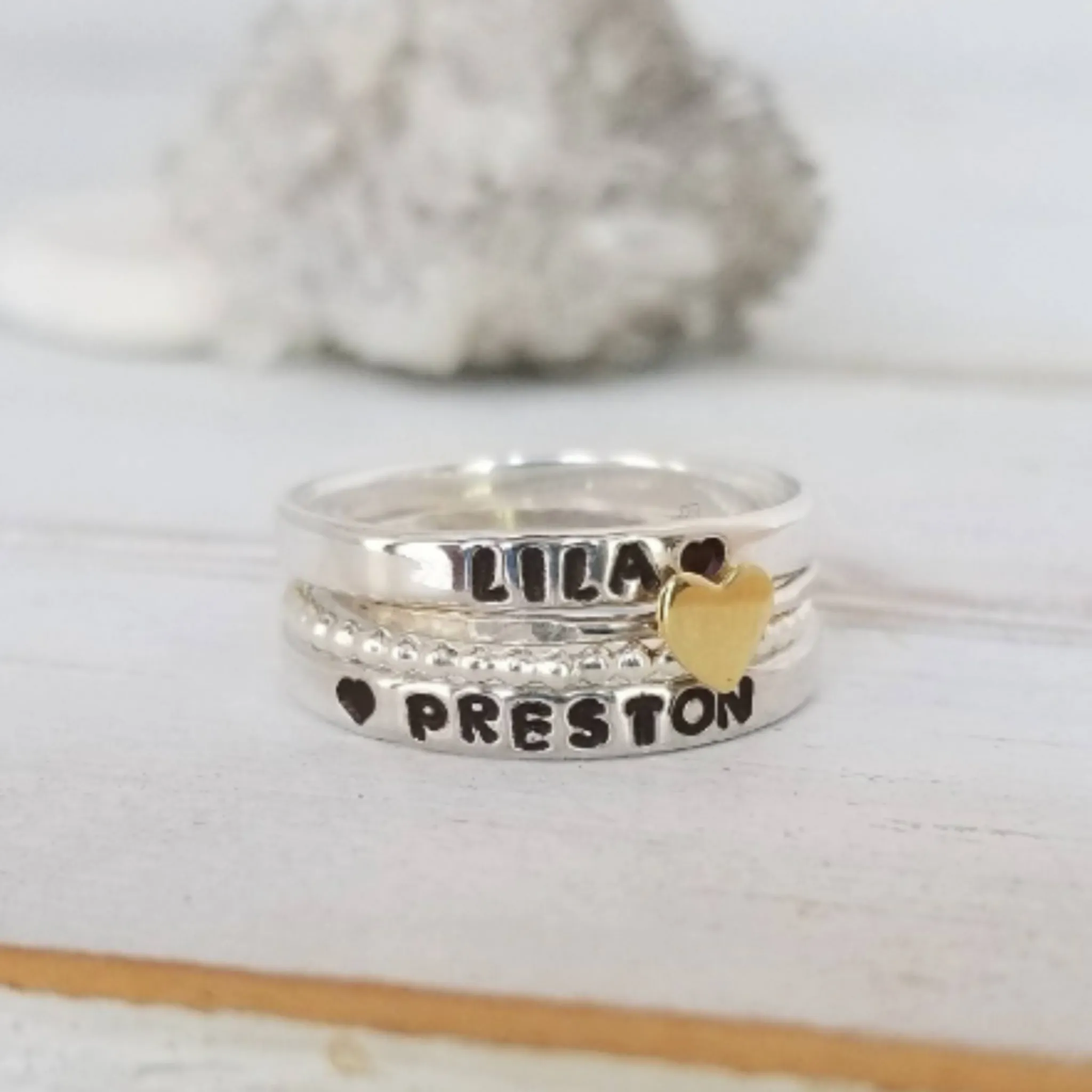 4pc Name and Heart 2mm Thin Stacking Ring Set - Sterling Silver