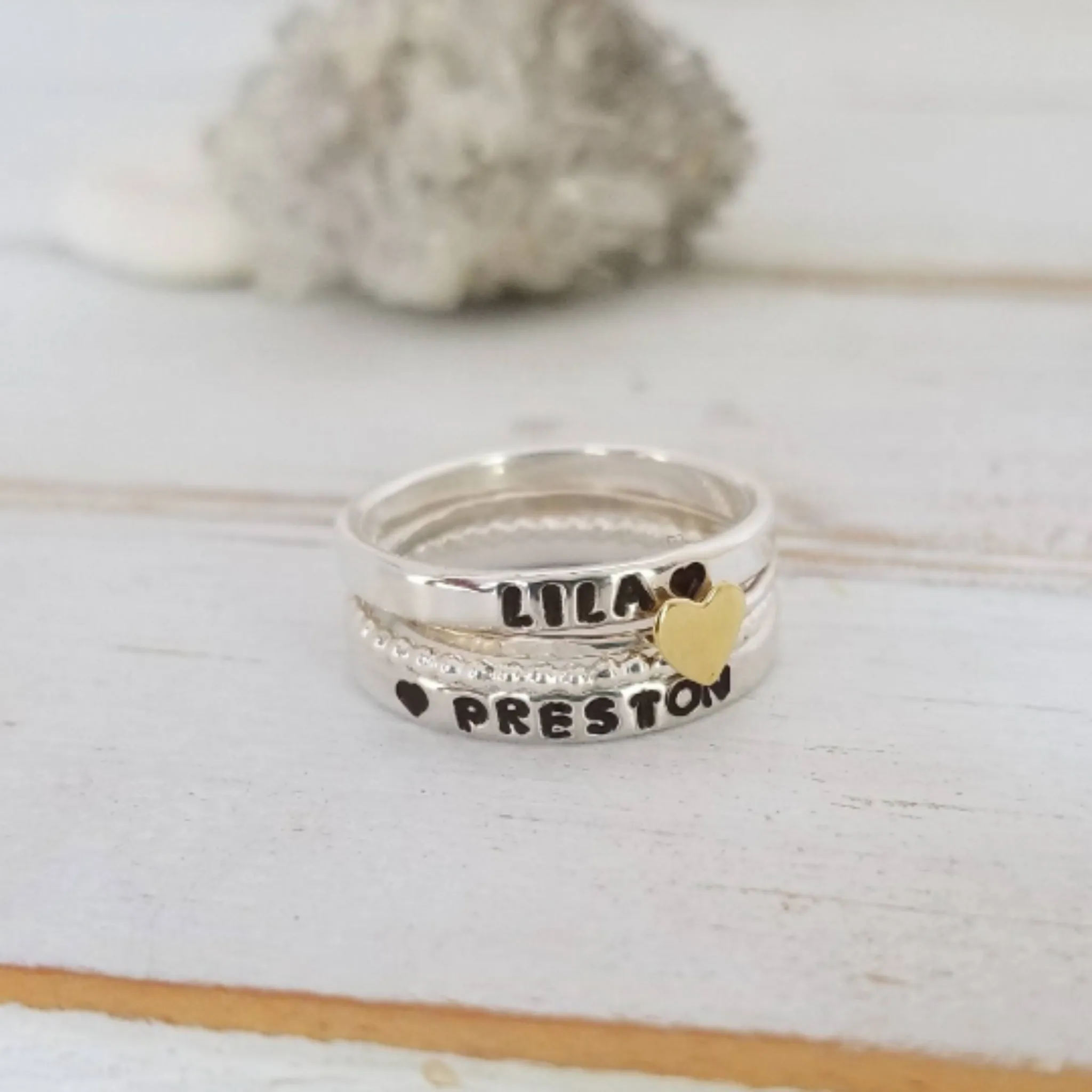 4pc Name and Heart 2mm Thin Stacking Ring Set - Sterling Silver