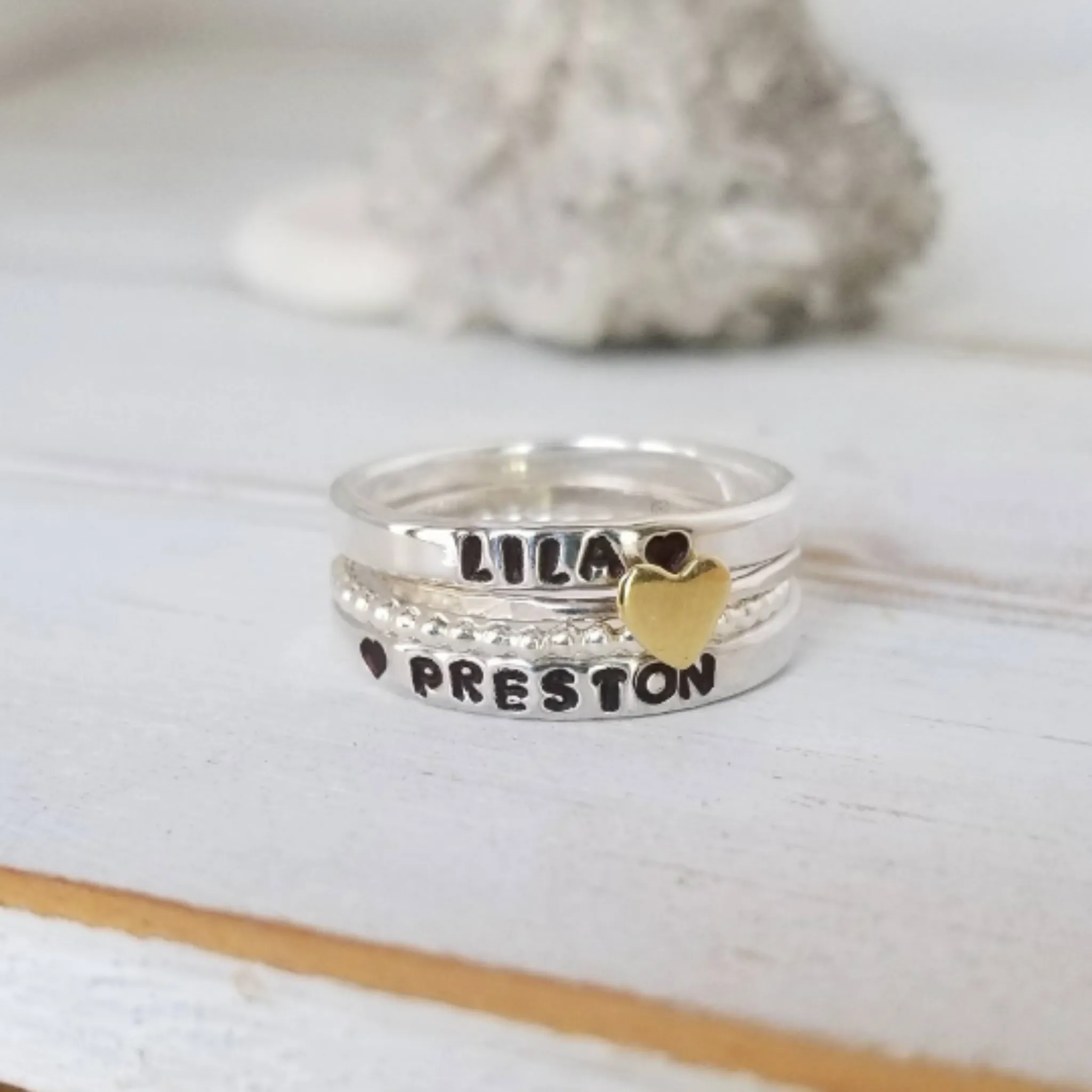 4pc Name and Heart 2mm Thin Stacking Ring Set - Sterling Silver