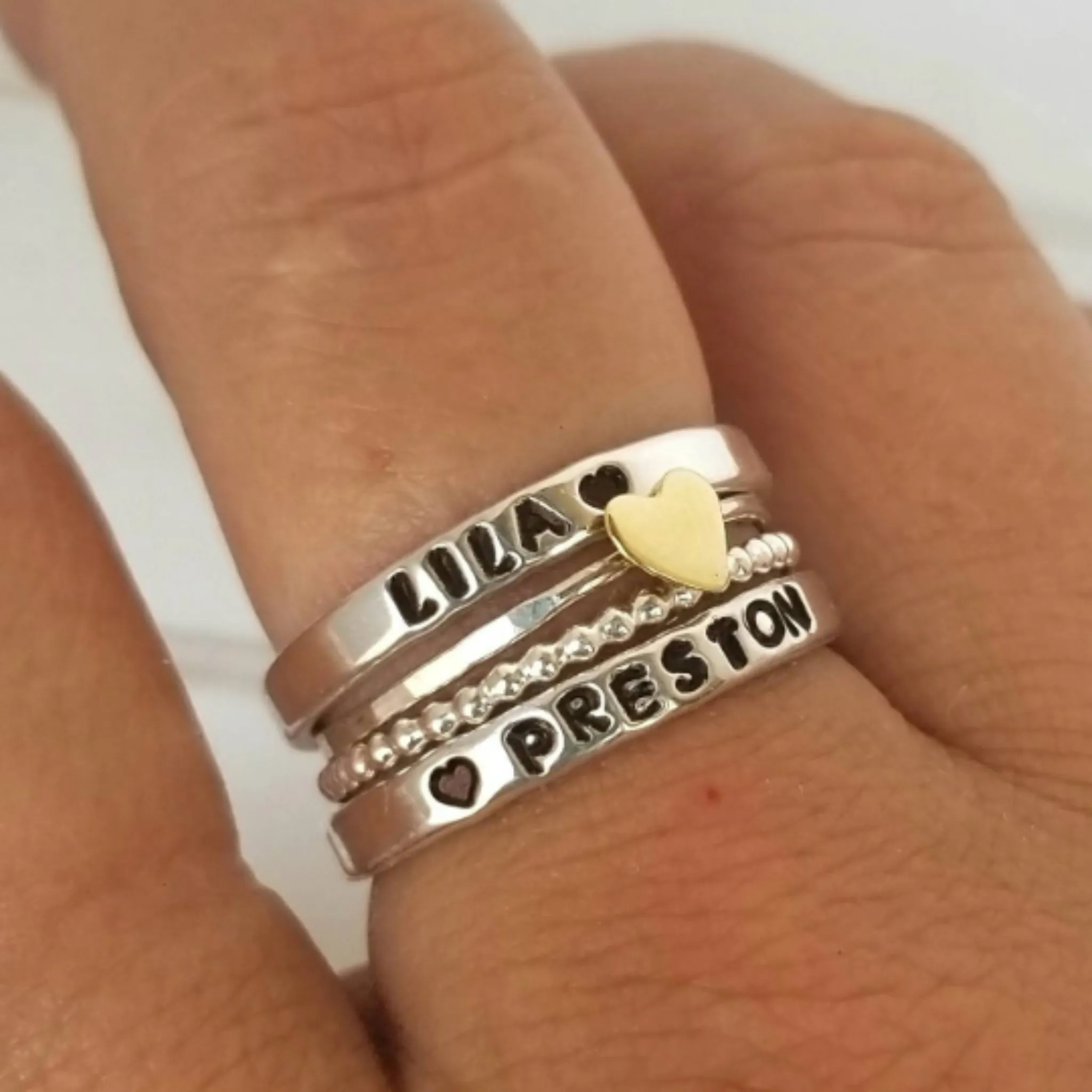 4pc Name and Heart 2mm Thin Stacking Ring Set - Sterling Silver