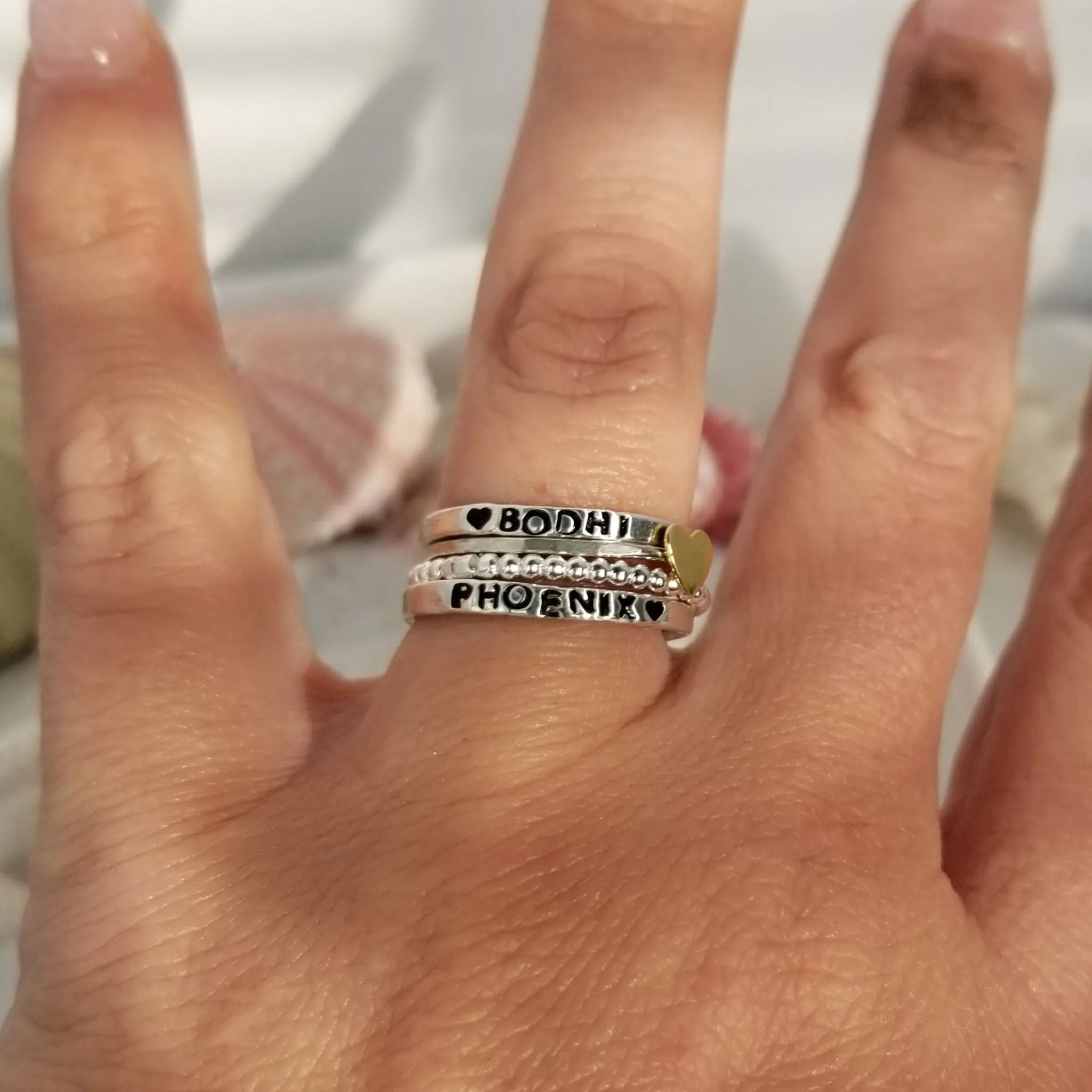 4pc Name and Heart 2mm Thin Stacking Ring Set - Sterling Silver