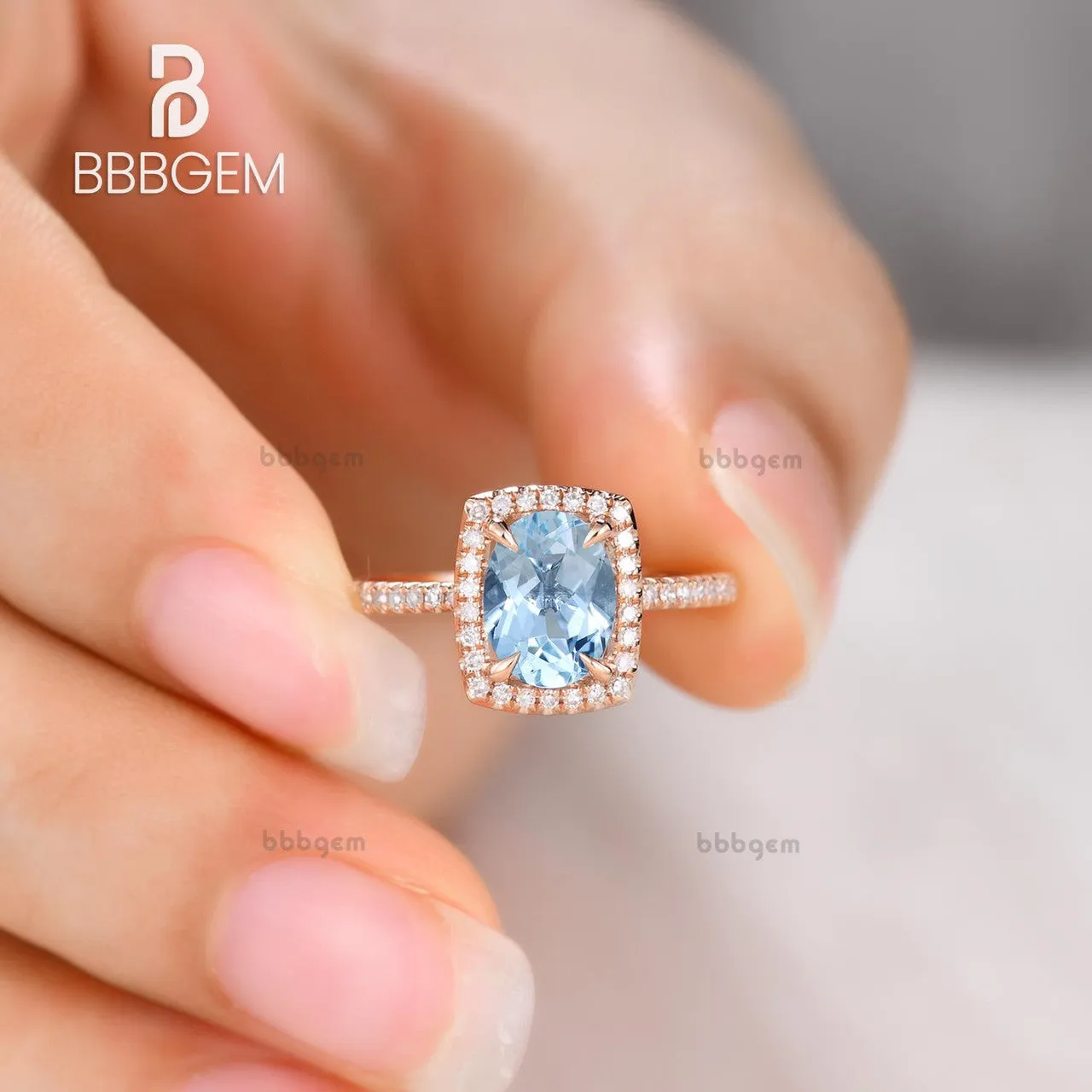 6x8mm Oval Aquamarine Engagement Ring Diamond Wedding Ring 14k Rose Gold Blue Gemstone Pave Thin Design Cushion Halo