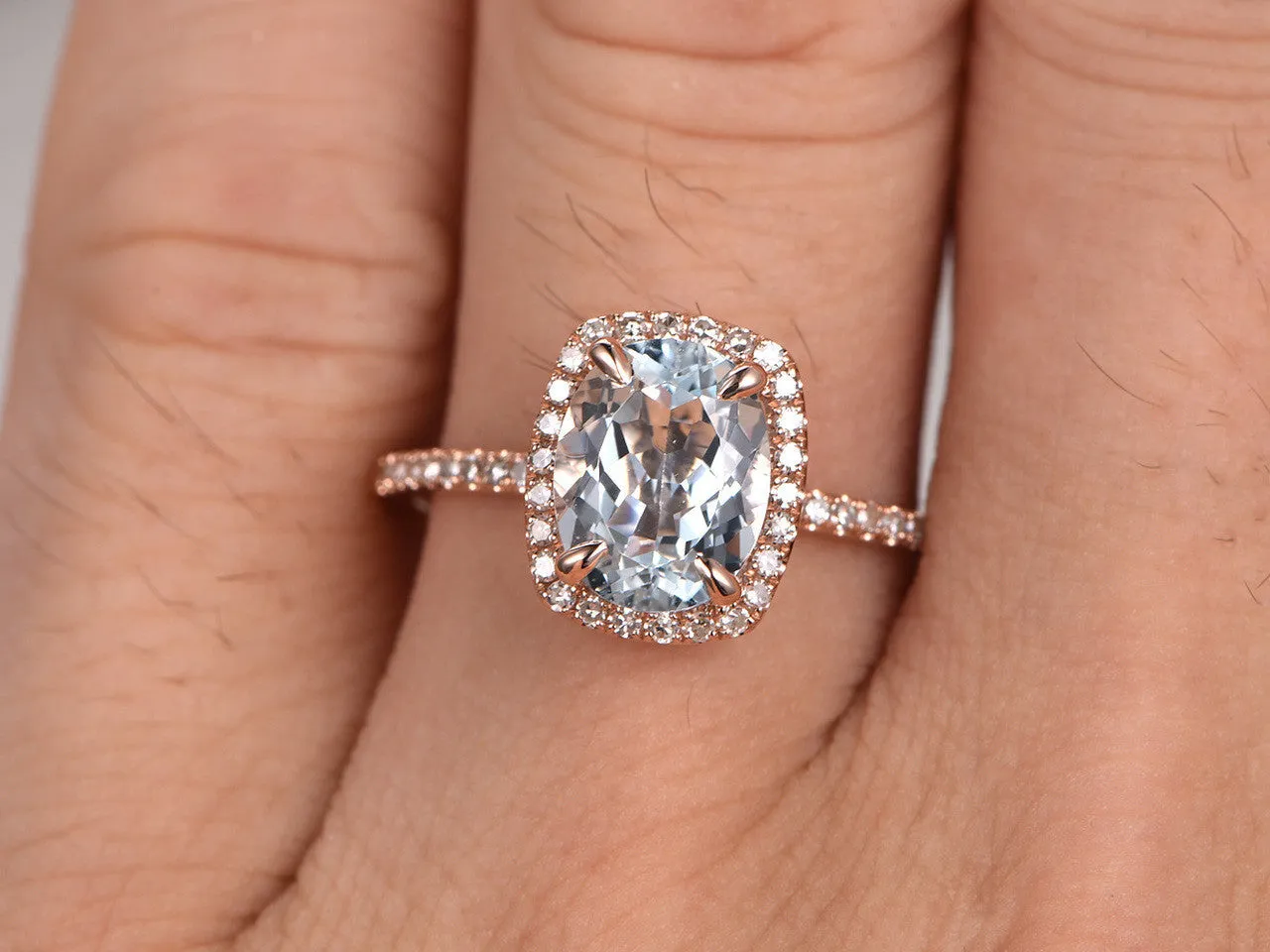 6x8mm Oval Aquamarine Engagement Ring Diamond Wedding Ring 14k Rose Gold Blue Gemstone Pave Thin Design Cushion Halo
