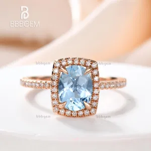 6x8mm Oval Aquamarine Engagement Ring Diamond Wedding Ring 14k Rose Gold Blue Gemstone Pave Thin Design Cushion Halo