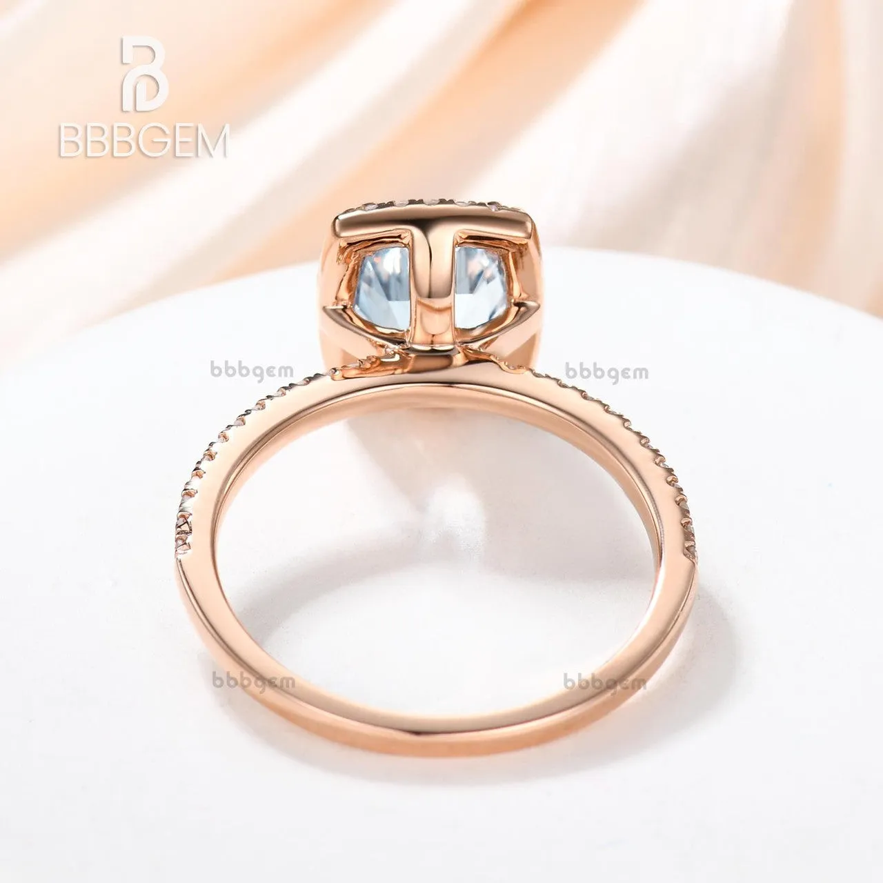6x8mm Oval Aquamarine Engagement Ring Diamond Wedding Ring 14k Rose Gold Blue Gemstone Pave Thin Design Cushion Halo