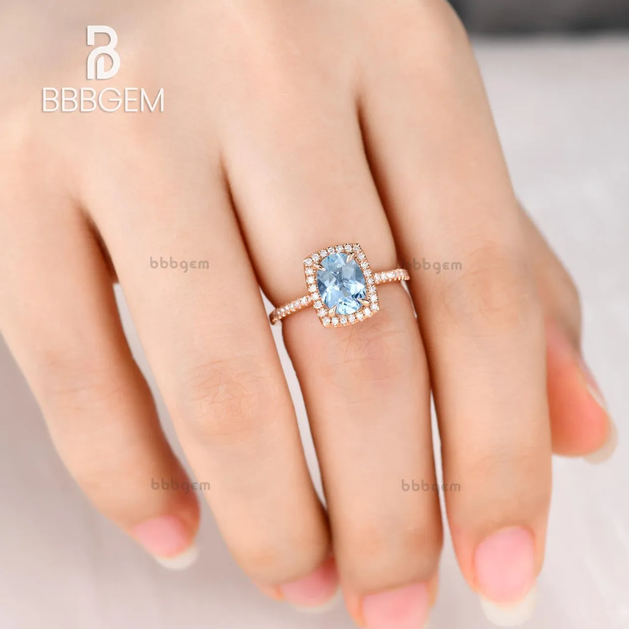 6x8mm Oval Aquamarine Engagement Ring Diamond Wedding Ring 14k Rose Gold Blue Gemstone Pave Thin Design Cushion Halo