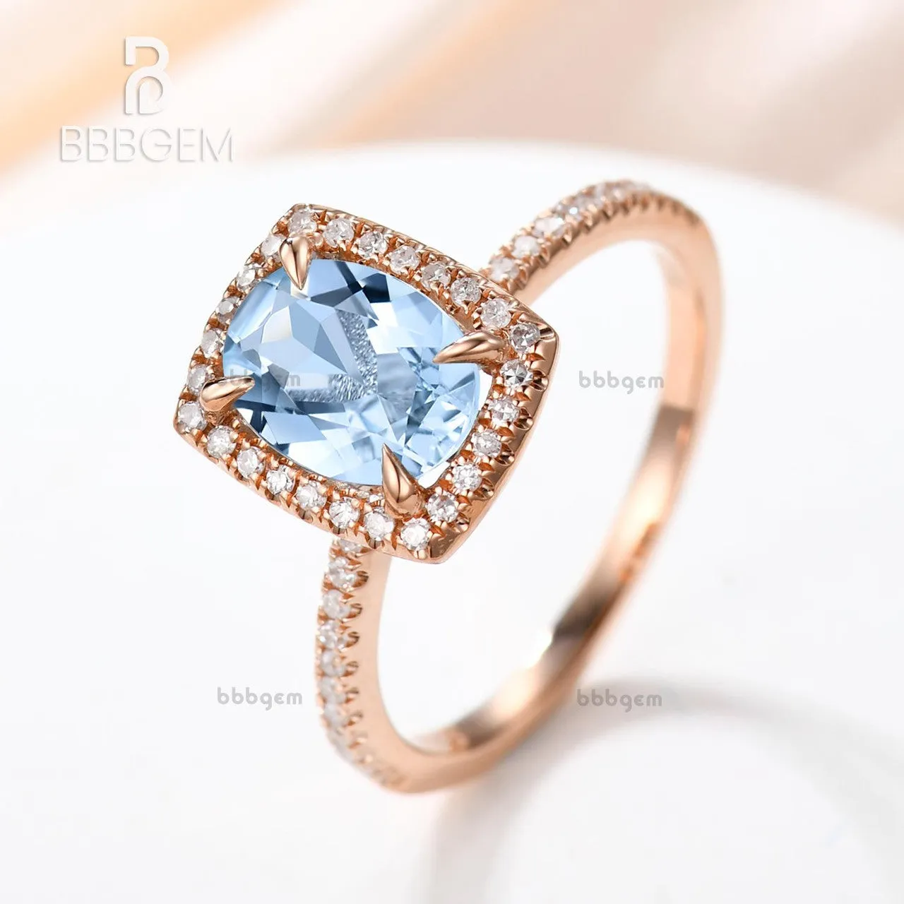 6x8mm Oval Aquamarine Engagement Ring Diamond Wedding Ring 14k Rose Gold Blue Gemstone Pave Thin Design Cushion Halo