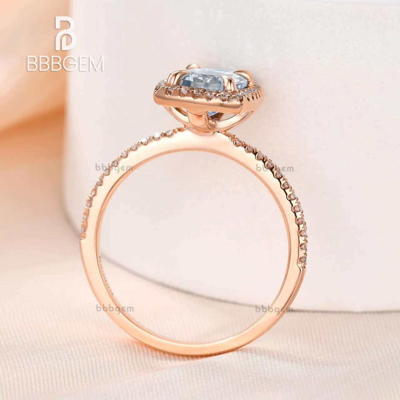 6x8mm Oval Aquamarine Engagement Ring Diamond Wedding Ring 14k Rose Gold Blue Gemstone Pave Thin Design Cushion Halo