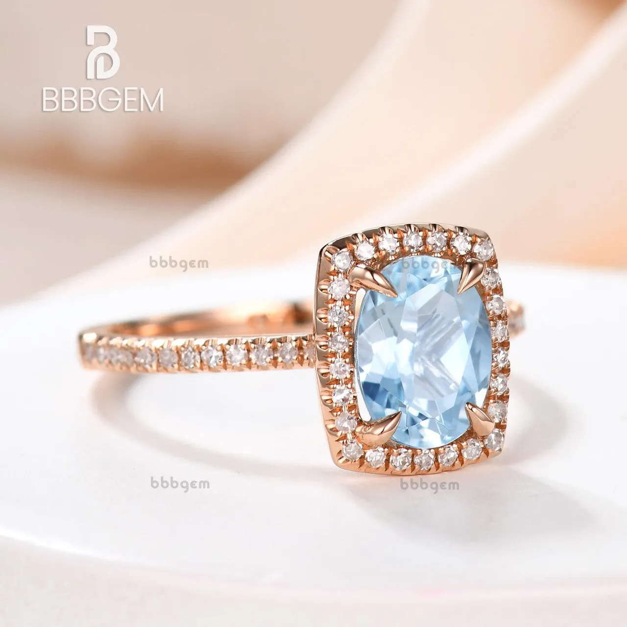 6x8mm Oval Aquamarine Engagement Ring Diamond Wedding Ring 14k Rose Gold Blue Gemstone Pave Thin Design Cushion Halo