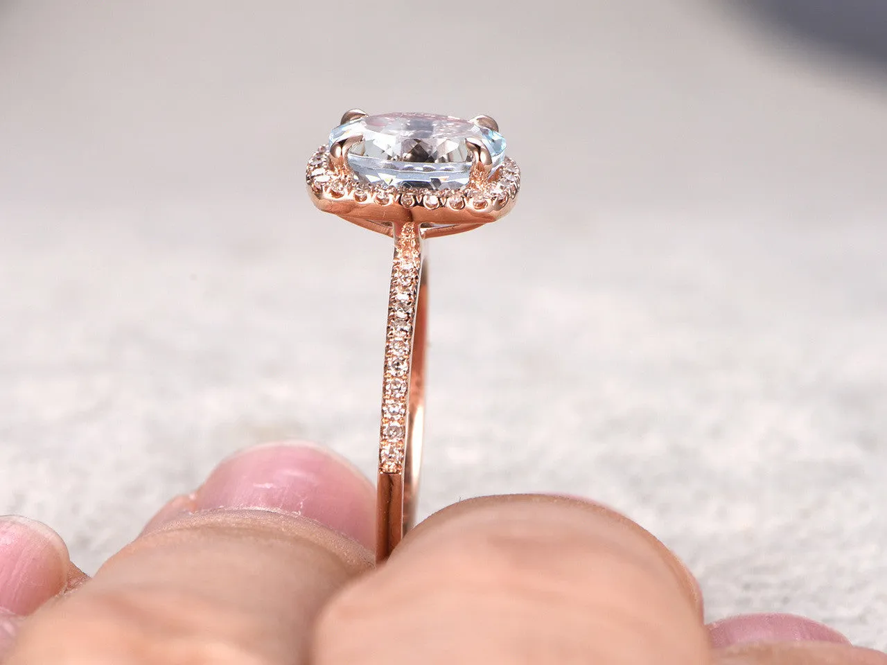 6x8mm Oval Aquamarine Engagement Ring Diamond Wedding Ring 14k Rose Gold Blue Gemstone Pave Thin Design Cushion Halo