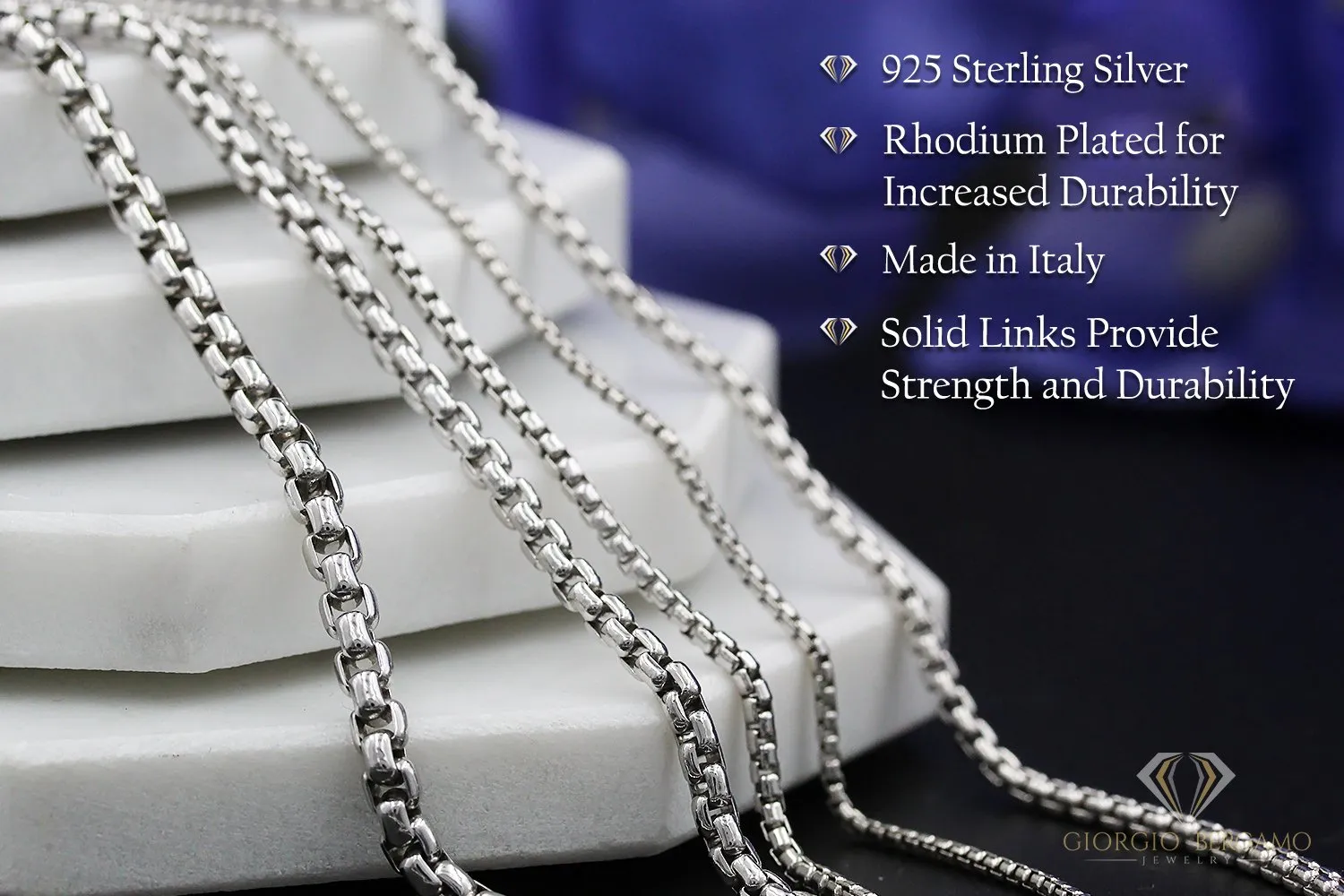 925 Sterling Silver 2.5mm Round Box Rhodium Chain