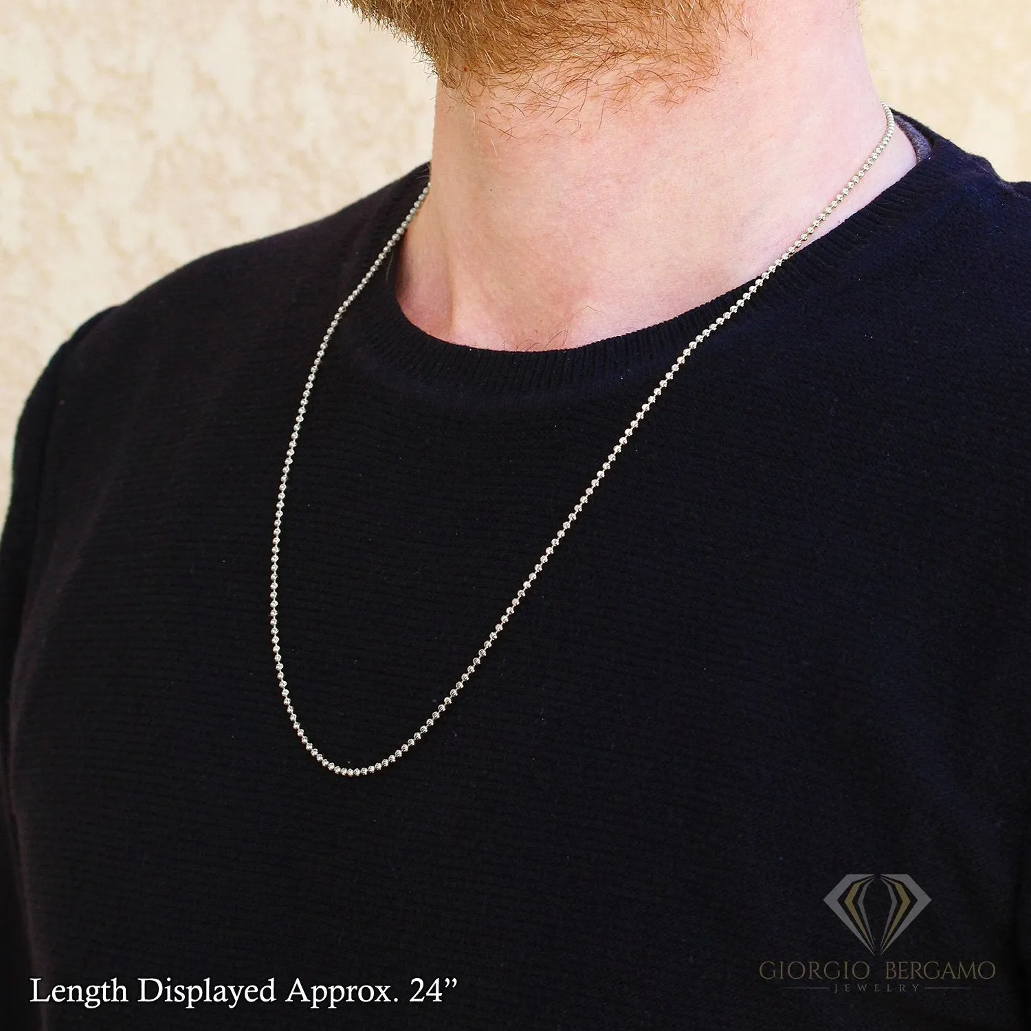 925 Sterling Silver 2mm Ball Bead Moon Cut Rhodium Chain