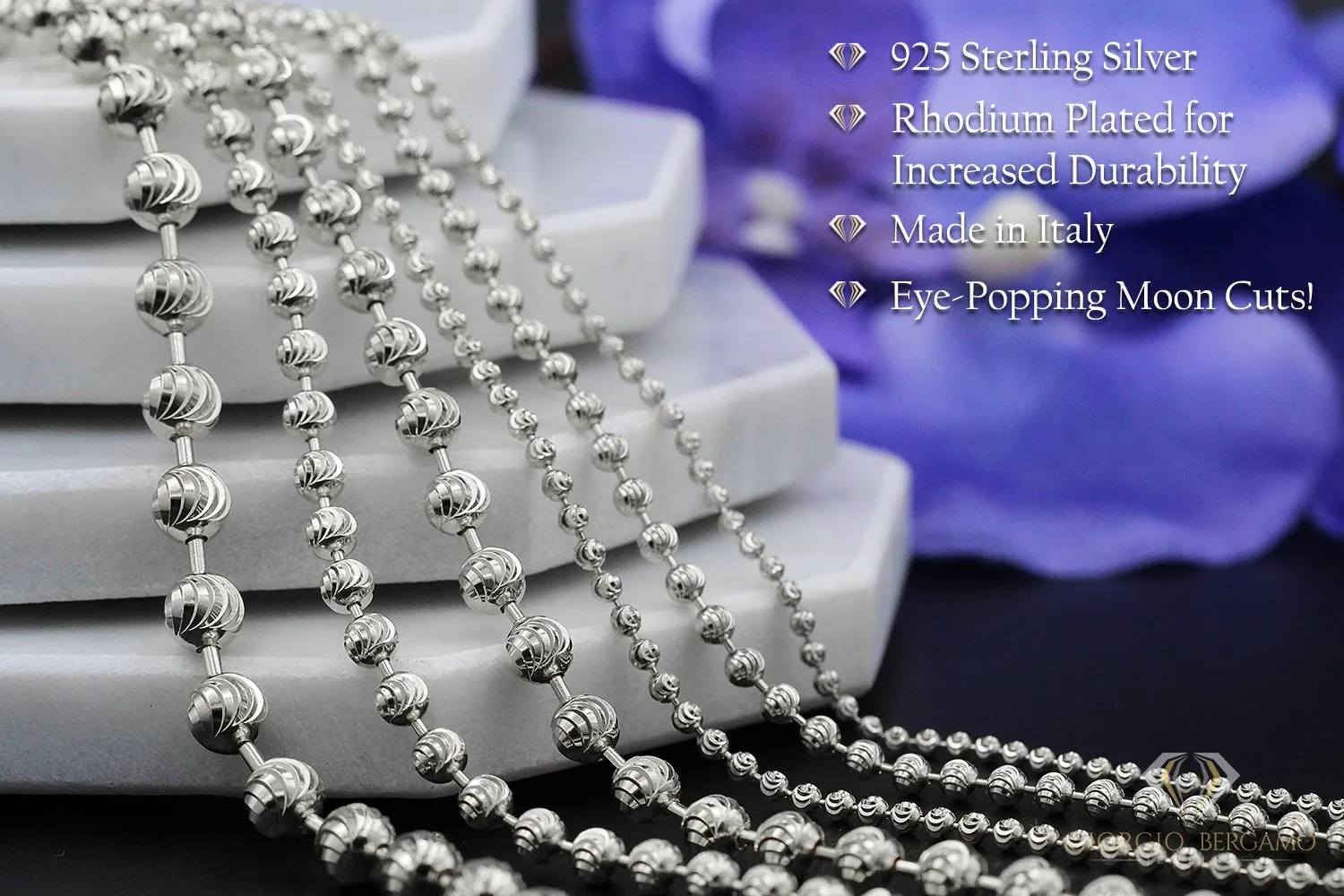 925 Sterling Silver 2mm Ball Bead Moon Cut Rhodium Chain