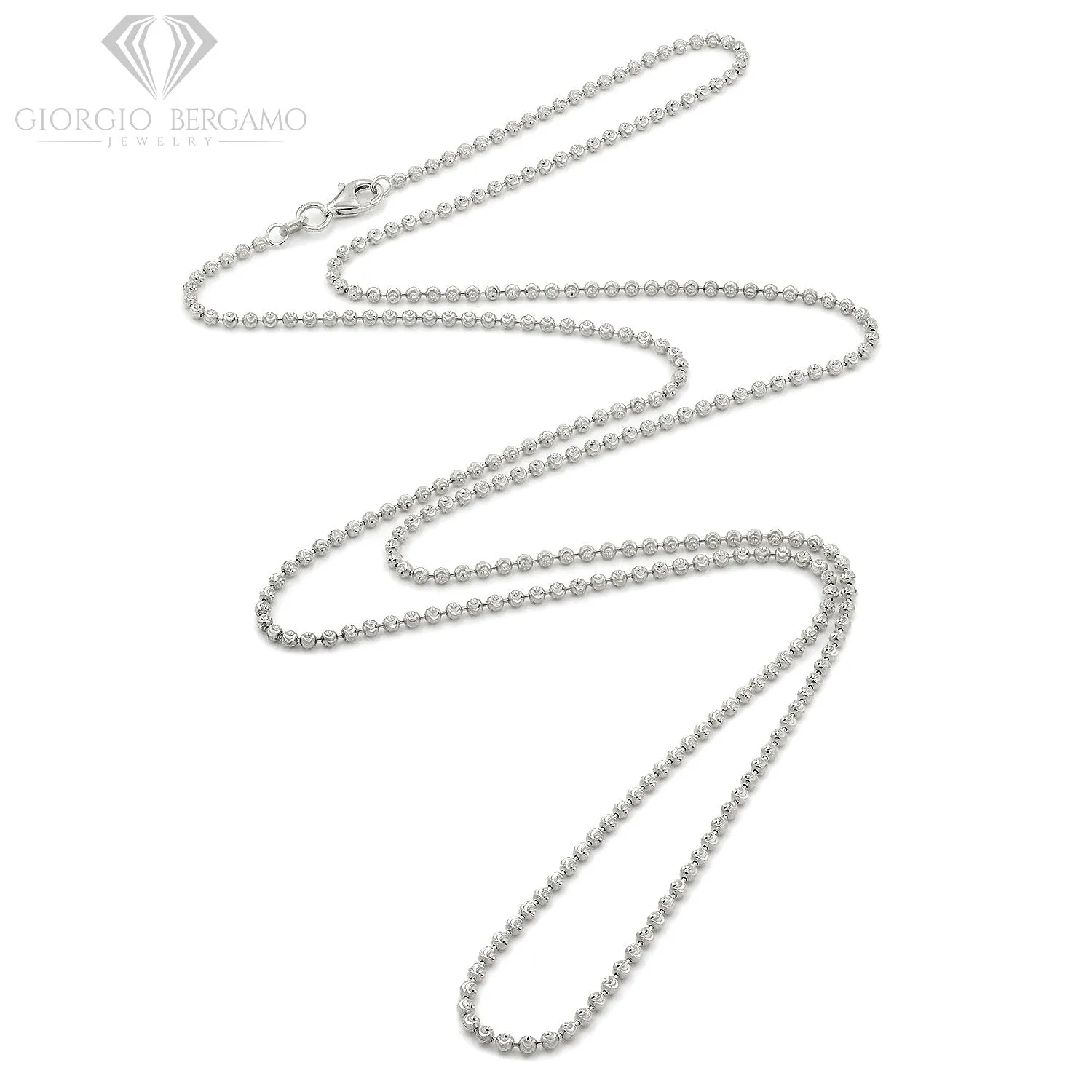 925 Sterling Silver 2mm Ball Bead Moon Cut Rhodium Chain