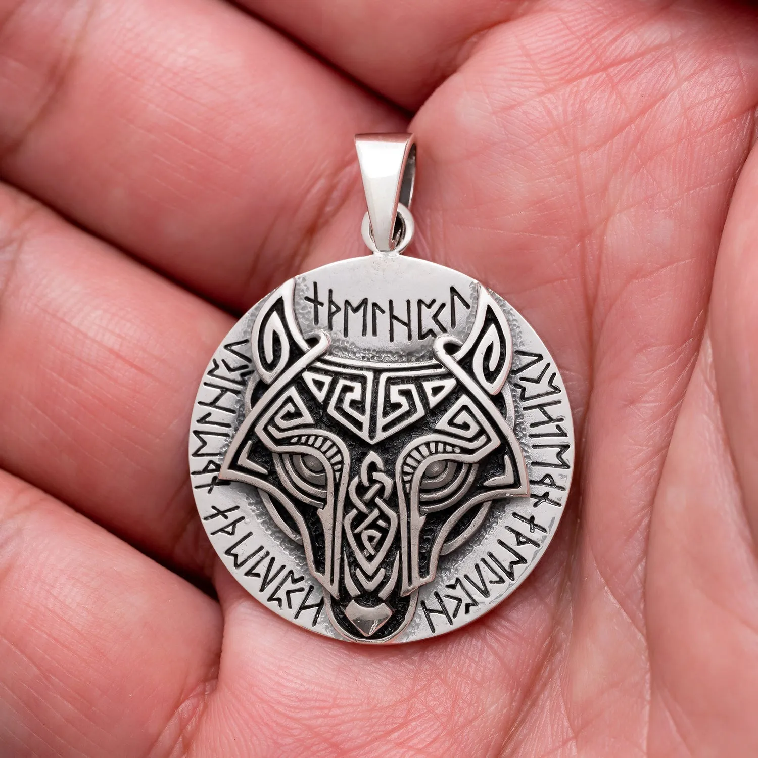925 Sterling Silver Viking Wolf Head Pendant with Runes