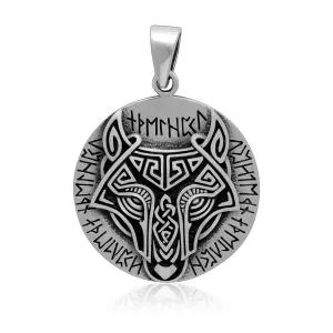 925 Sterling Silver Viking Wolf Head Pendant with Runes