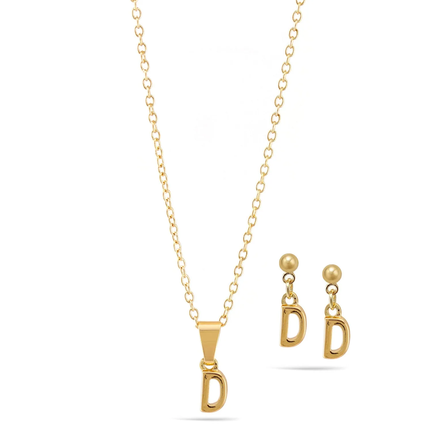 ALPHABET  "D" GOLD SMALL PENDANT SHORT NECKLACE AND EARRINGS SET