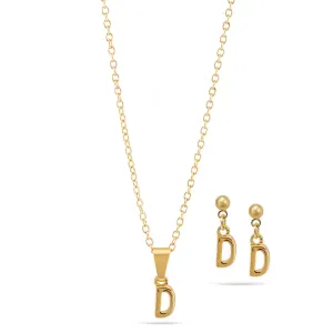ALPHABET  "D" GOLD SMALL PENDANT SHORT NECKLACE AND EARRINGS SET
