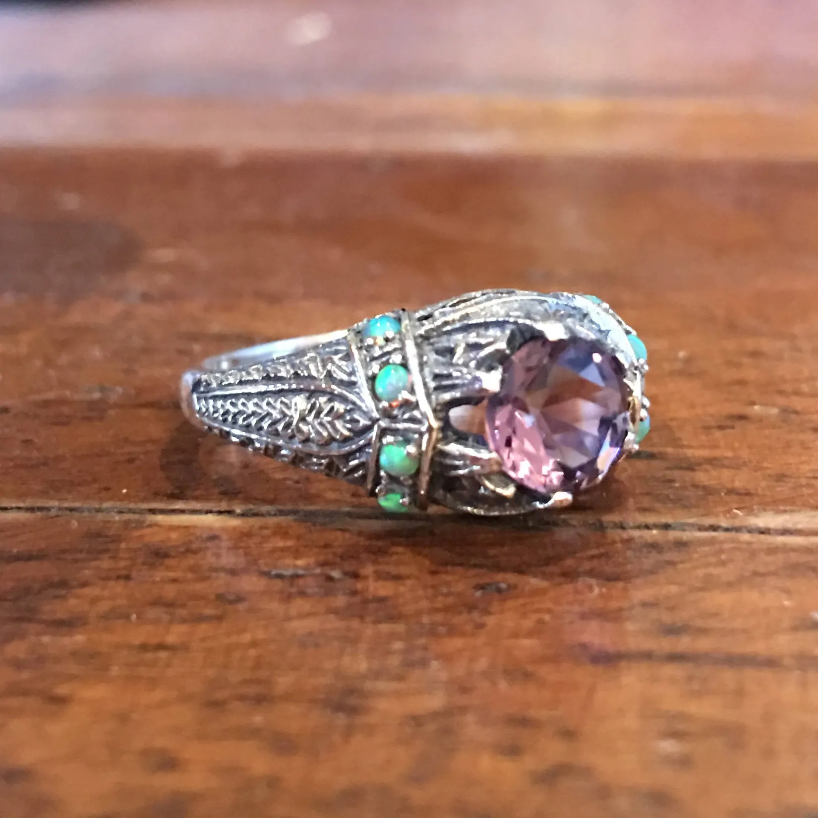 Amethyst and Fire Opal Art Deco Style Ring in Sterling Silver