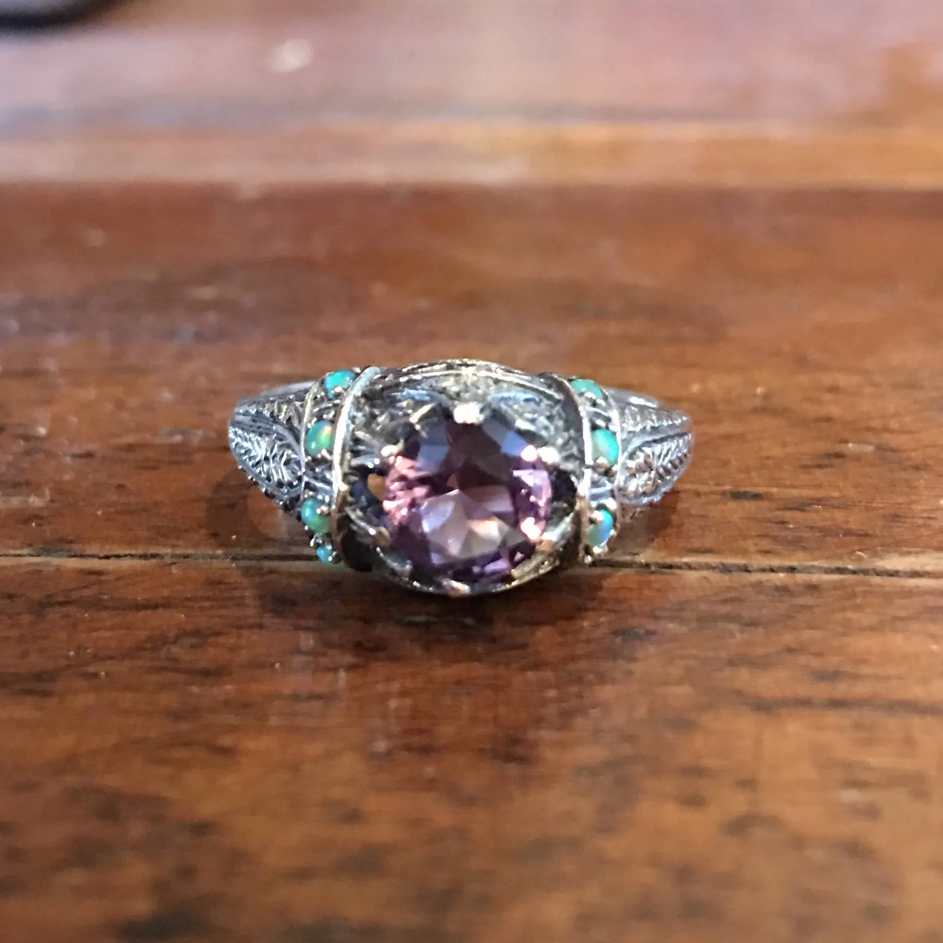 Amethyst and Fire Opal Art Deco Style Ring in Sterling Silver