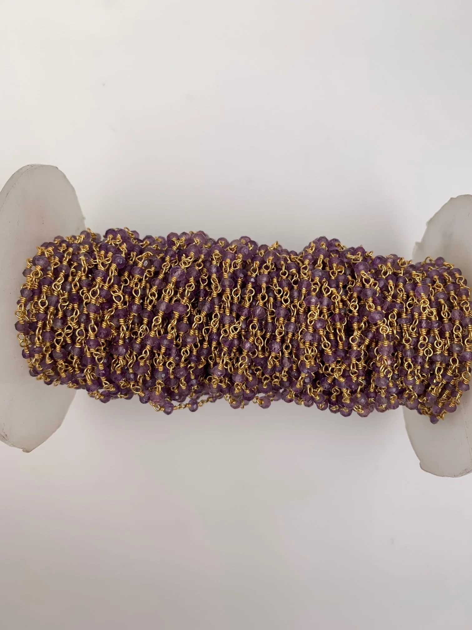 Amethyst Gold Plated Rosary Faceted Beaded Chain, Gemstone Size: 3mm, 1 Foot.