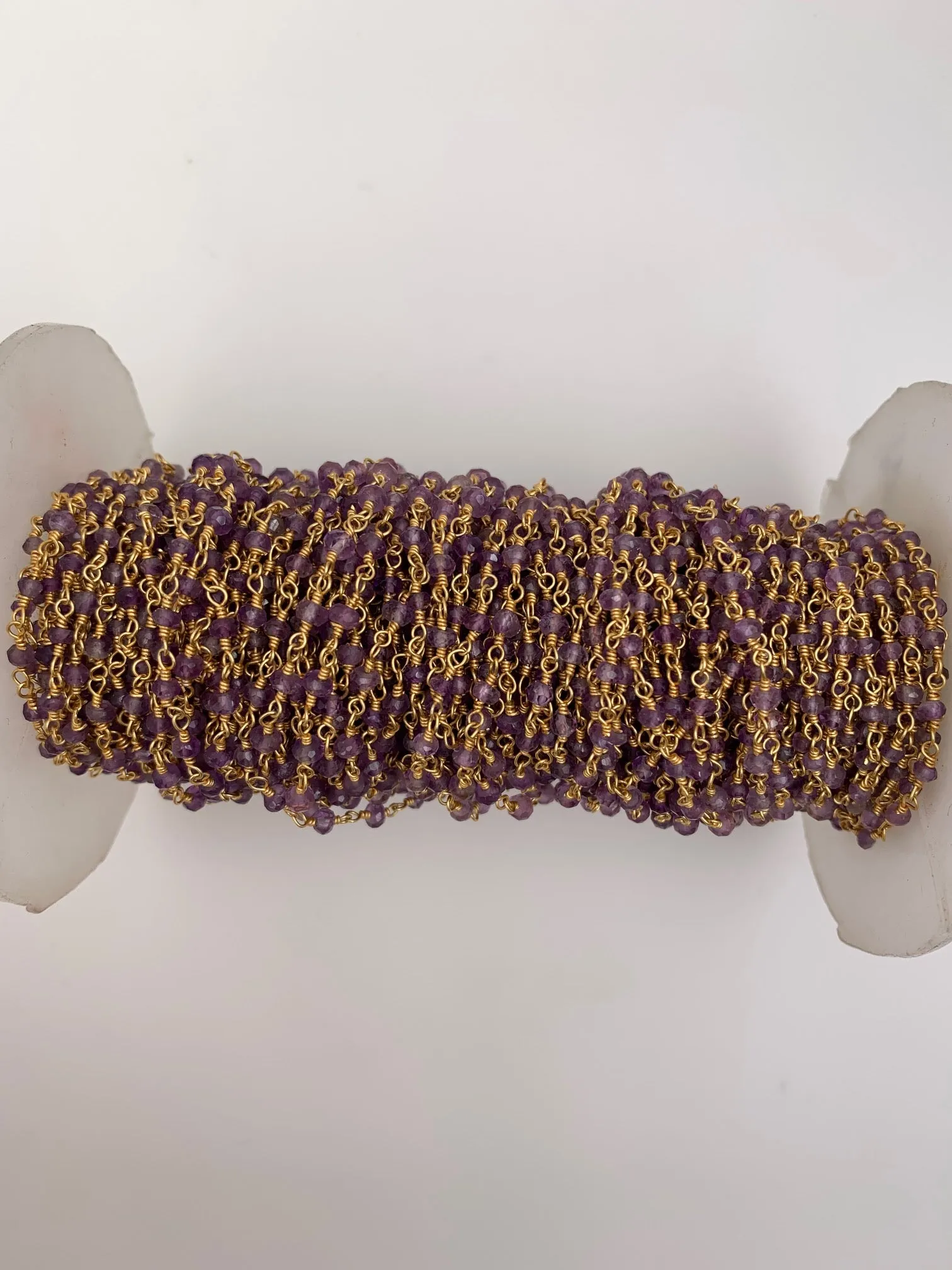 Amethyst Gold Plated Rosary Faceted Beaded Chain, Gemstone Size: 3mm, 1 Foot.