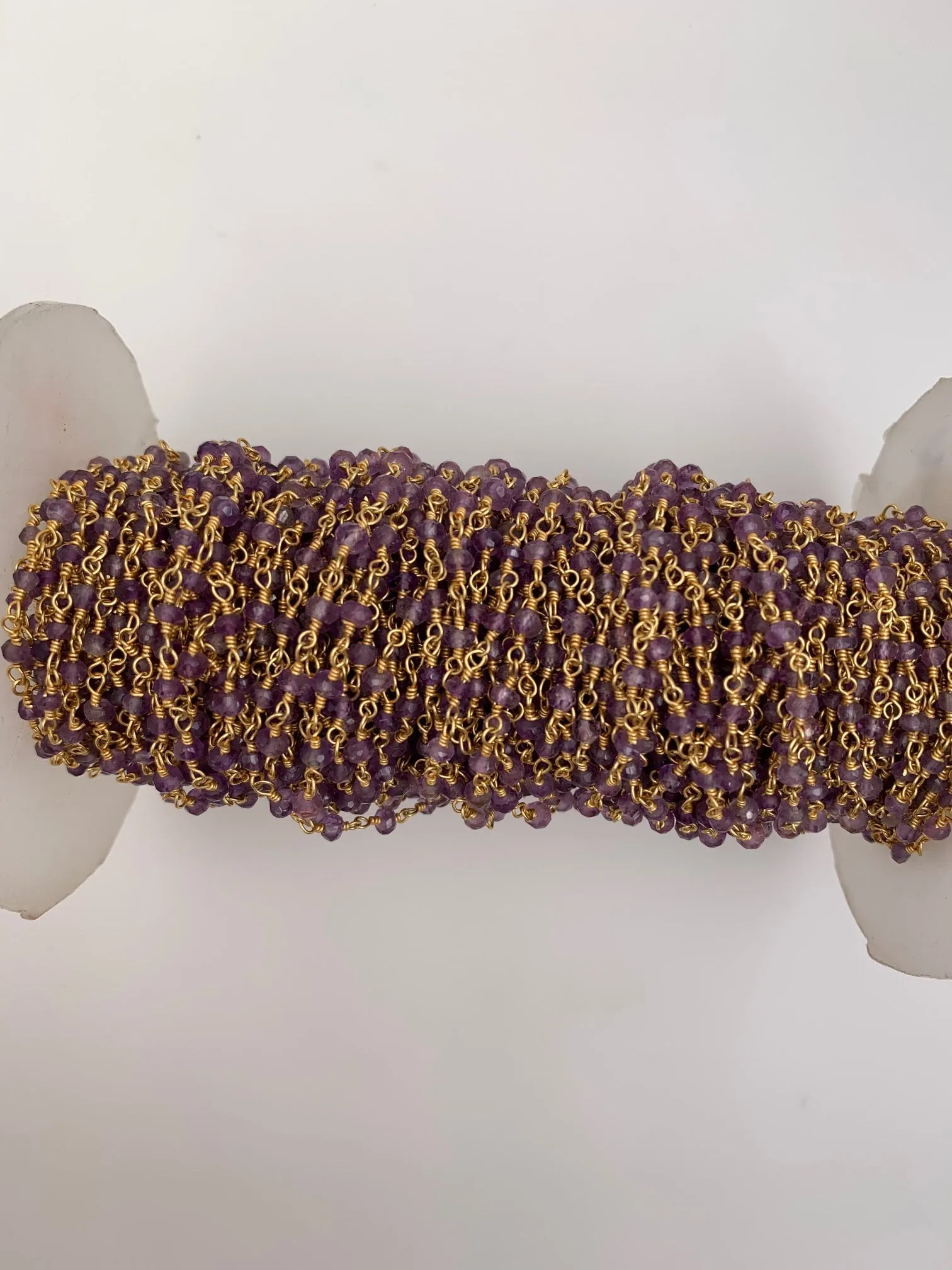 Amethyst Gold Plated Rosary Faceted Beaded Chain, Gemstone Size: 3mm, 1 Foot.