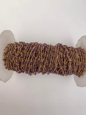Amethyst Gold Plated Rosary Faceted Beaded Chain, Gemstone Size: 3mm, 1 Foot.