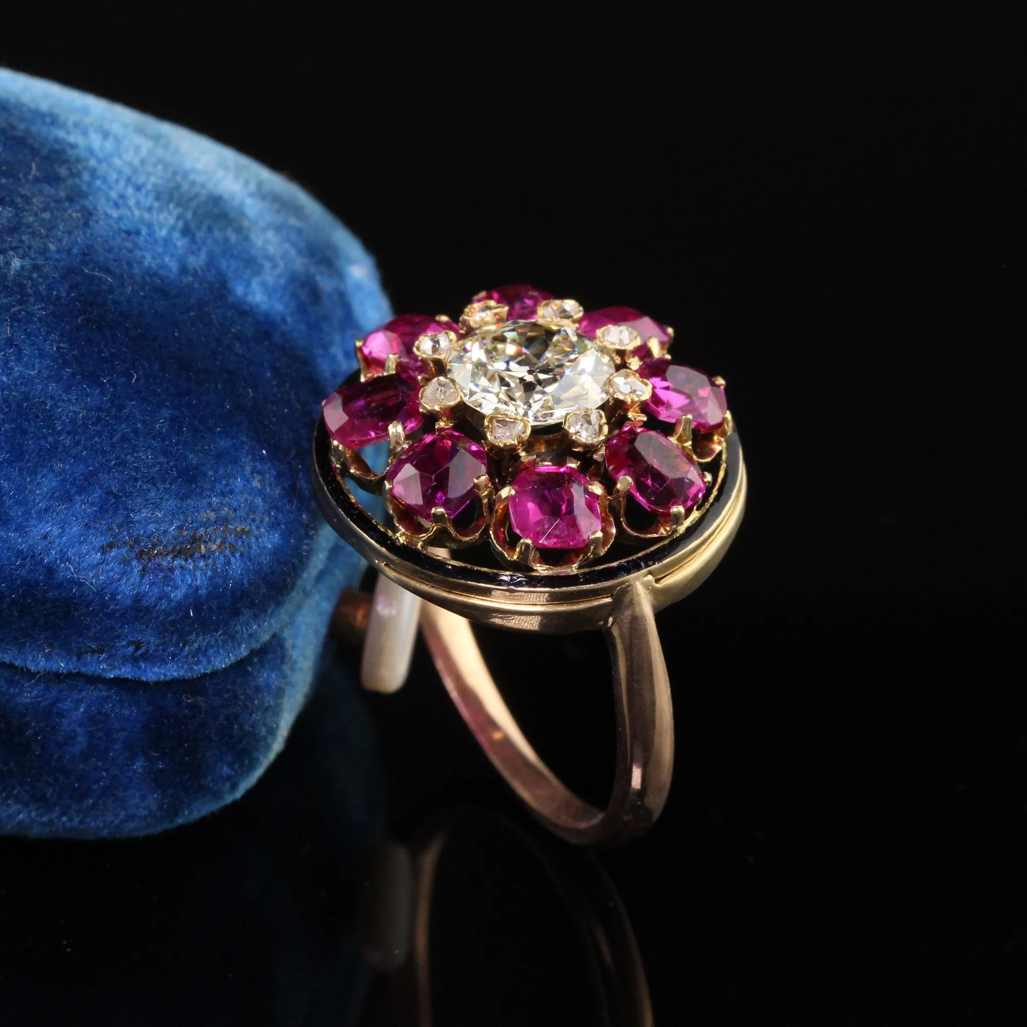 Antique Victorian 18K Yellow Gold Old European Diamond Ruby Engagement Ring GIA