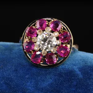 Antique Victorian 18K Yellow Gold Old European Diamond Ruby Engagement Ring GIA