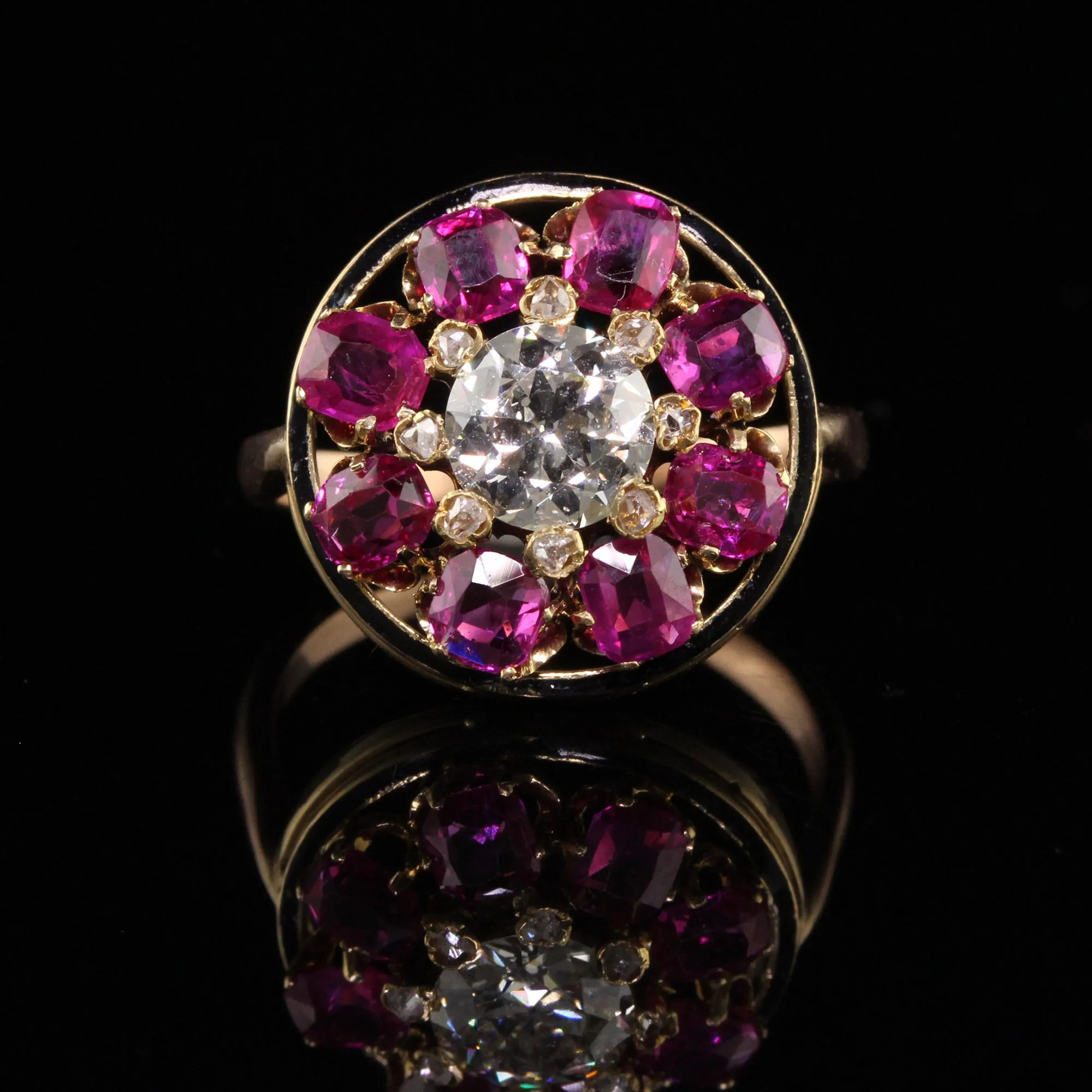 Antique Victorian 18K Yellow Gold Old European Diamond Ruby Engagement Ring GIA