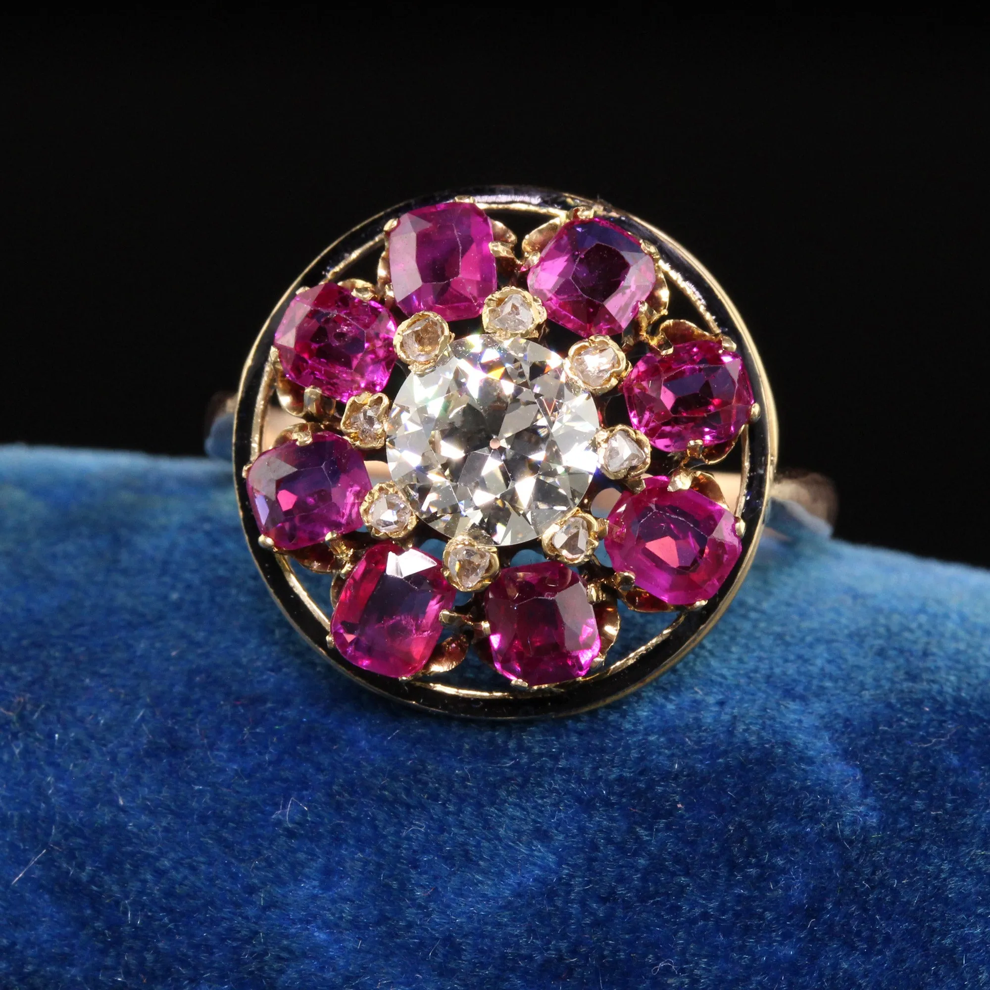 Antique Victorian 18K Yellow Gold Old European Diamond Ruby Engagement Ring GIA