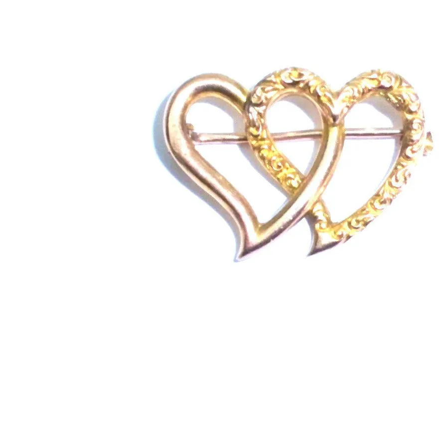 Antique Victorian Double Heart Brooch 10K