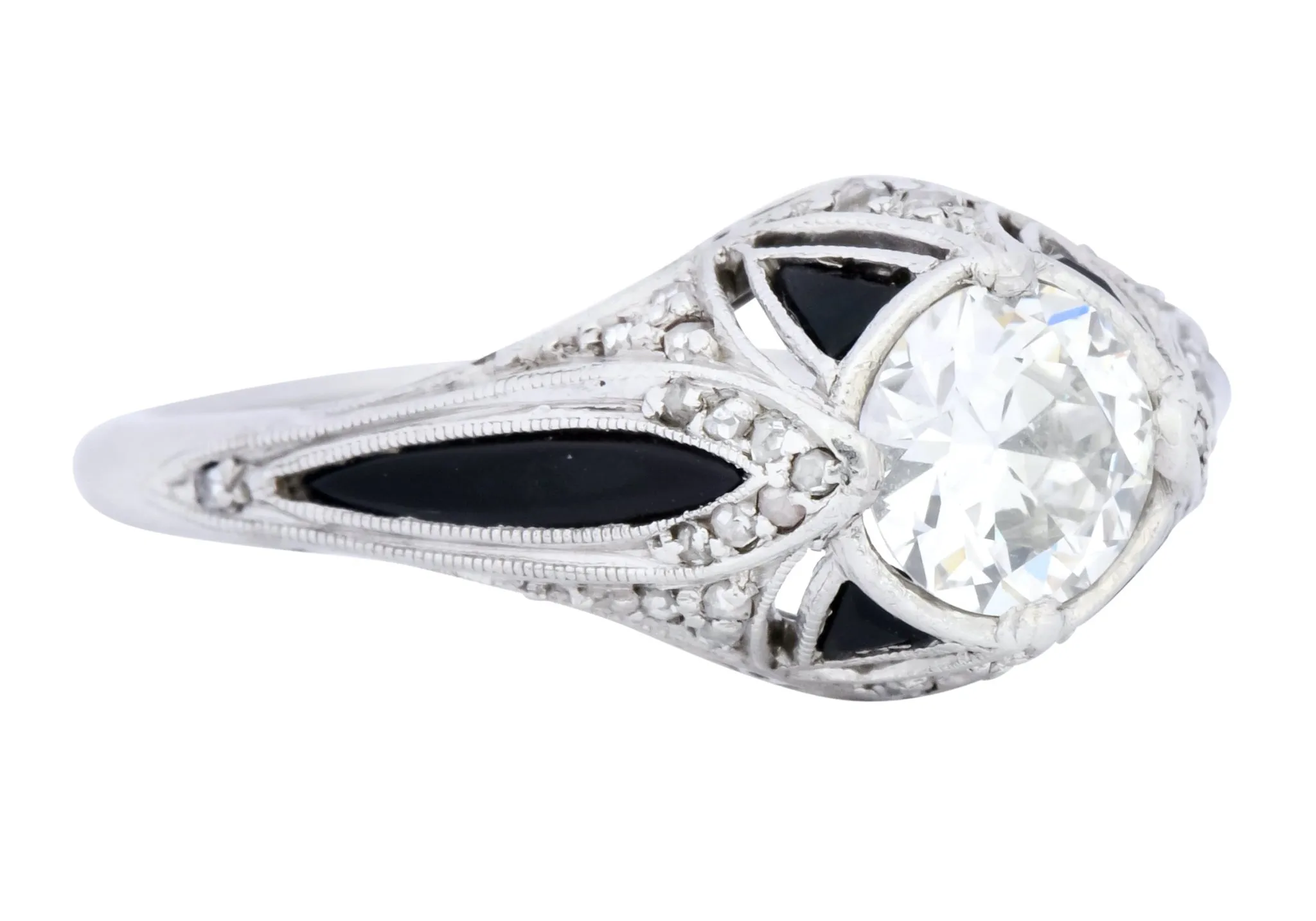 Art Deco 0.80 CTW Diamond Onyx Platinum Engagement Ring