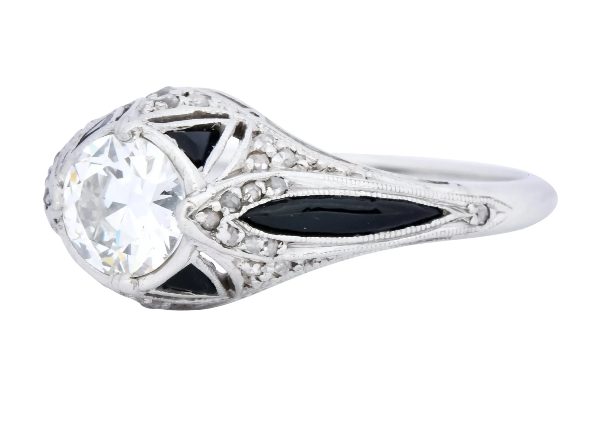 Art Deco 0.80 CTW Diamond Onyx Platinum Engagement Ring