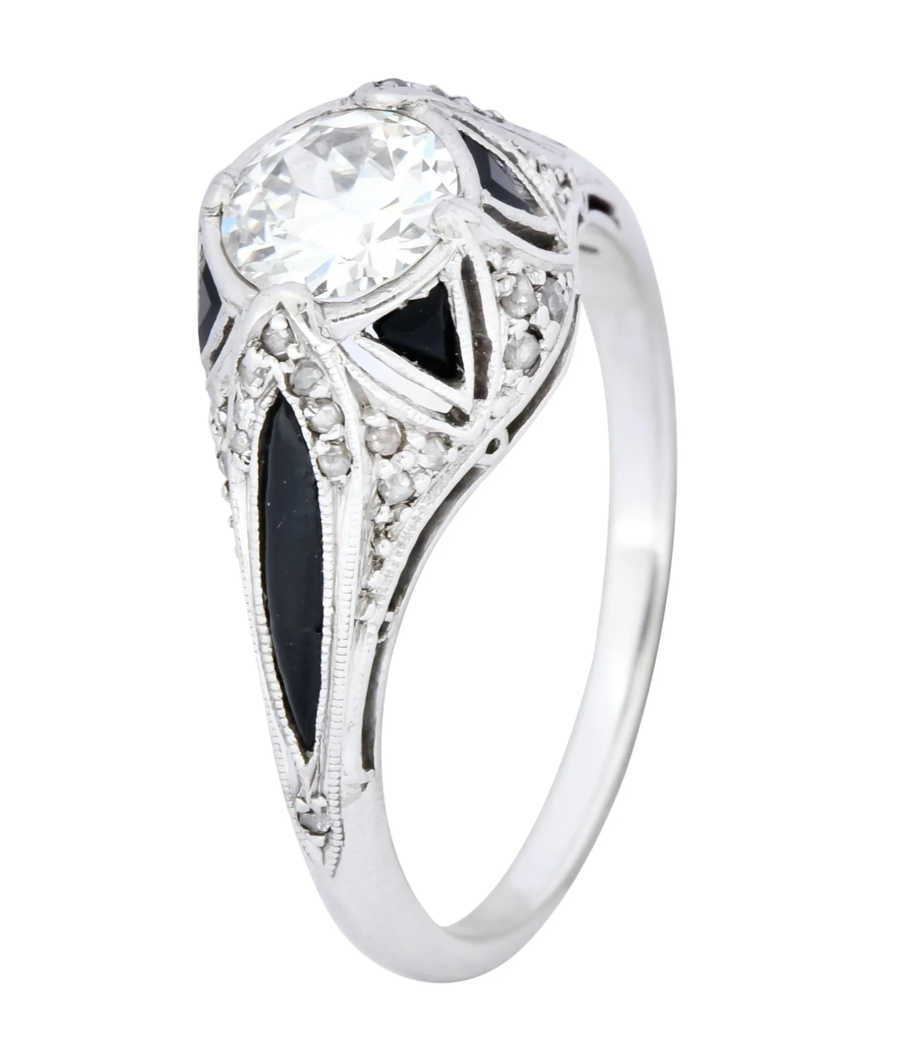 Art Deco 0.80 CTW Diamond Onyx Platinum Engagement Ring