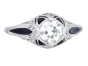 Art Deco 0.80 CTW Diamond Onyx Platinum Engagement Ring