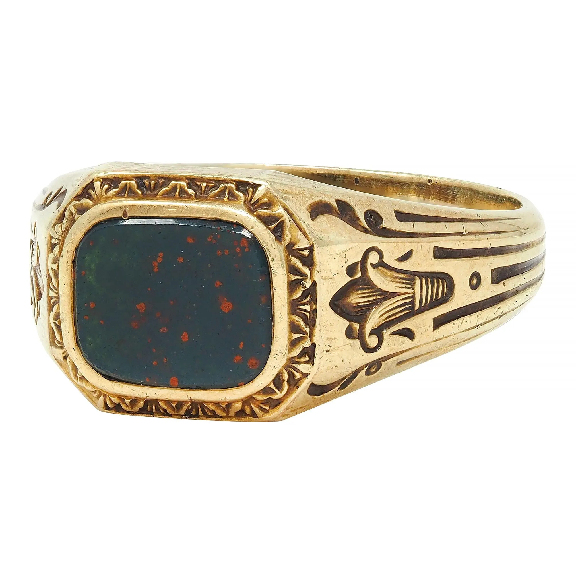 Art Deco Egyptian Revival Bloodstone 14 Karat Yellow Gold Antique Lotus Unisex Signet Ring