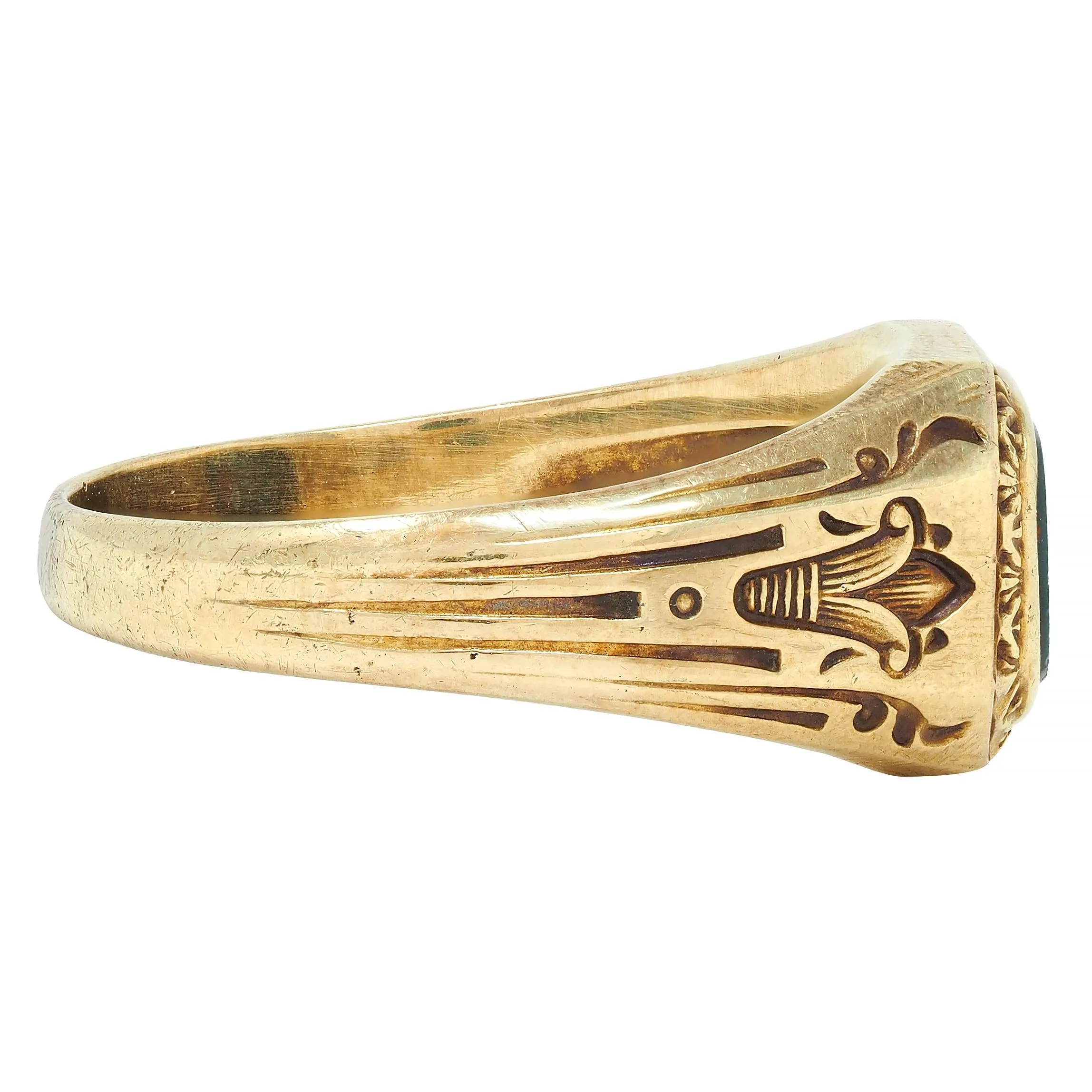 Art Deco Egyptian Revival Bloodstone 14 Karat Yellow Gold Antique Lotus Unisex Signet Ring