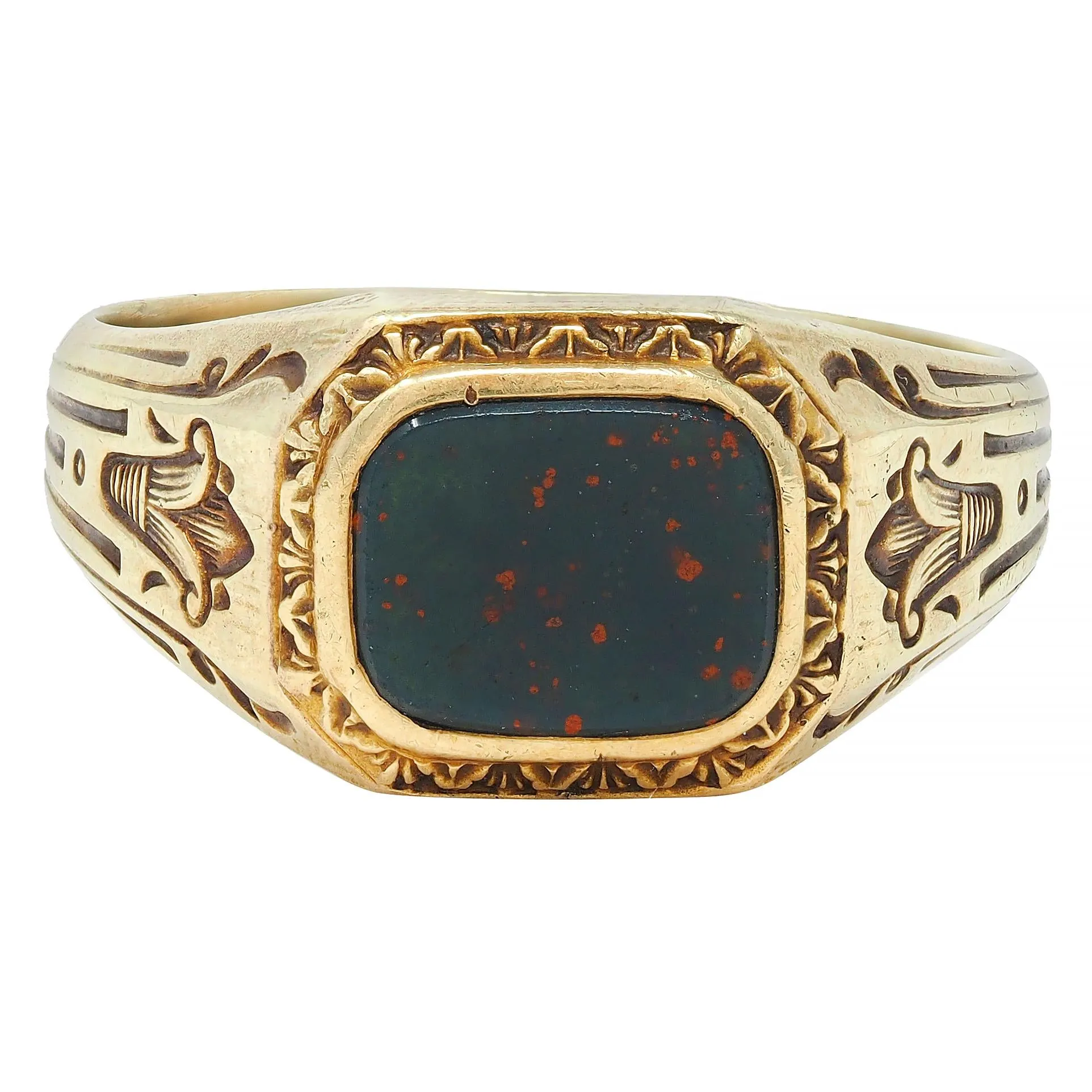 Art Deco Egyptian Revival Bloodstone 14 Karat Yellow Gold Antique Lotus Unisex Signet Ring