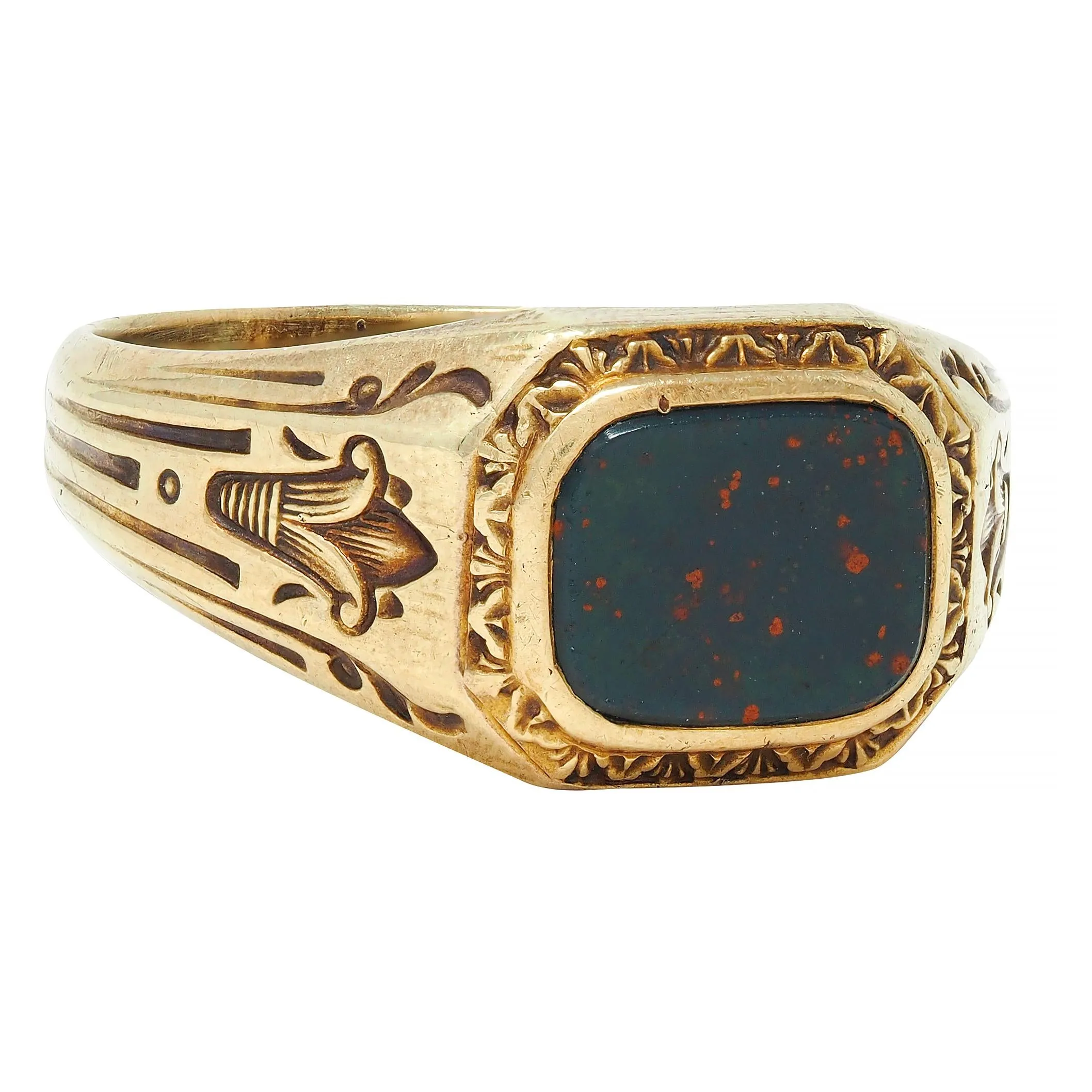 Art Deco Egyptian Revival Bloodstone 14 Karat Yellow Gold Antique Lotus Unisex Signet Ring