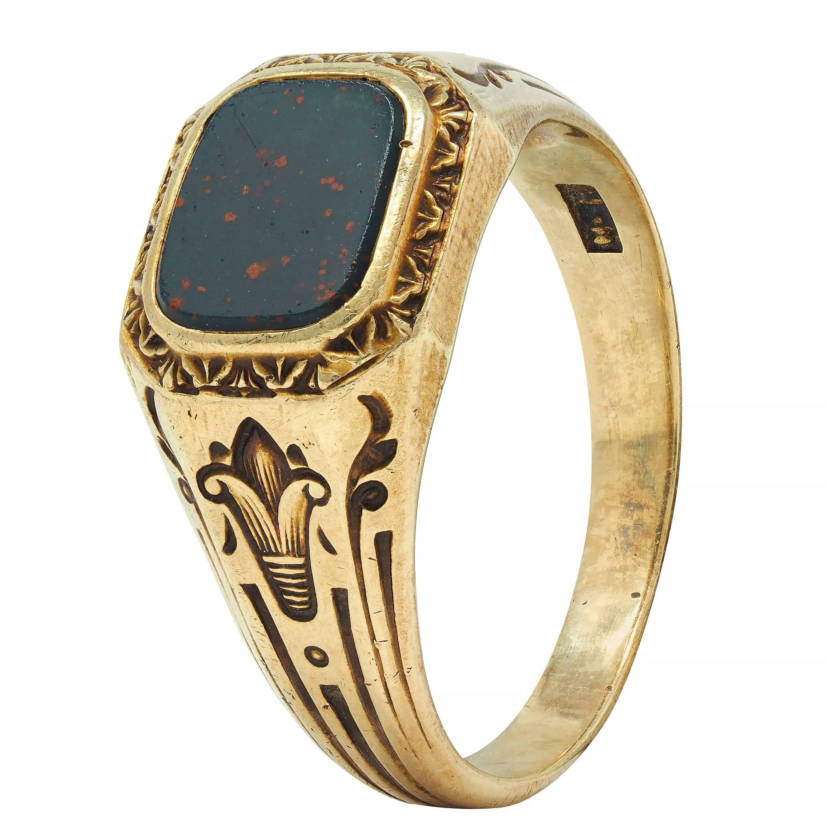 Art Deco Egyptian Revival Bloodstone 14 Karat Yellow Gold Antique Lotus Unisex Signet Ring