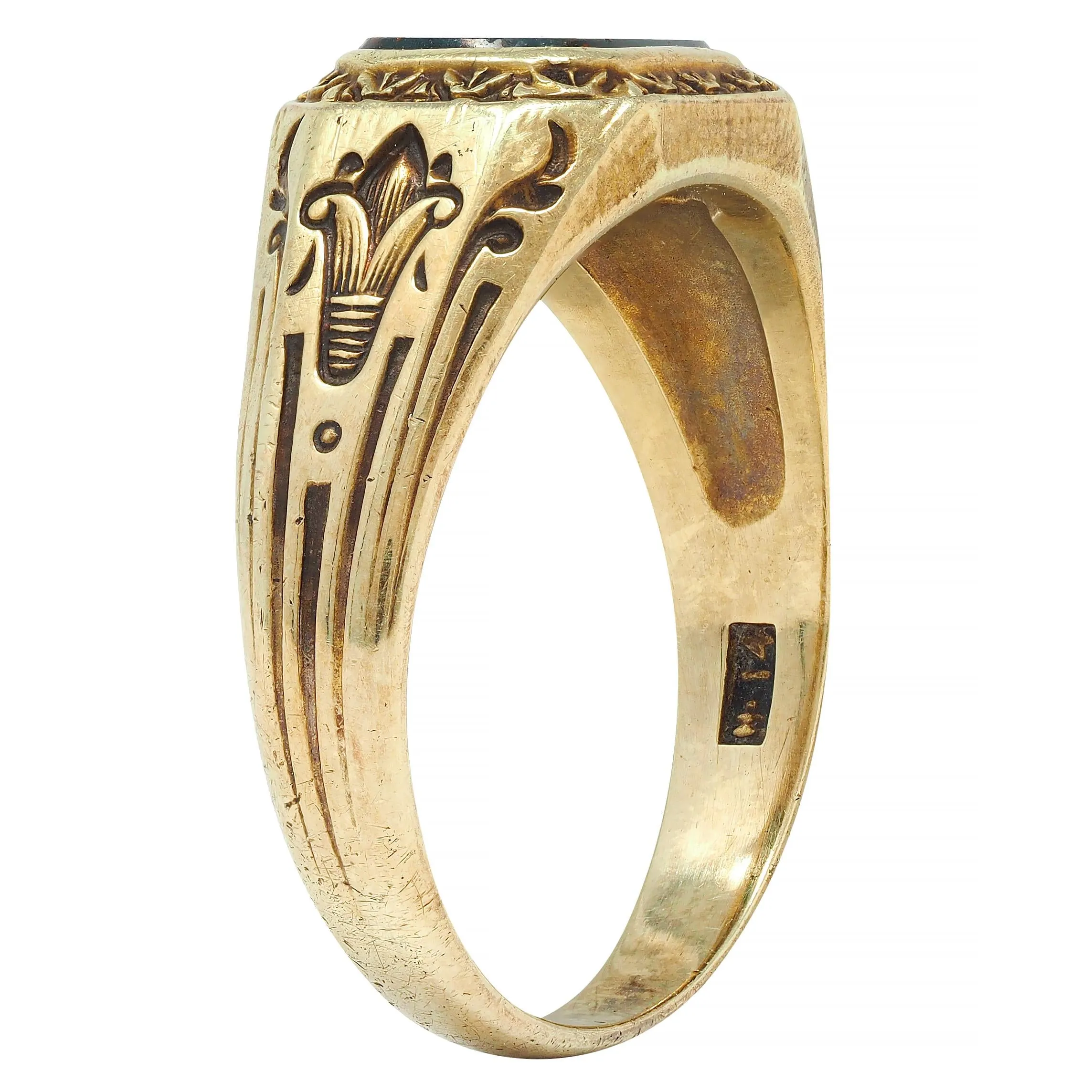 Art Deco Egyptian Revival Bloodstone 14 Karat Yellow Gold Antique Lotus Unisex Signet Ring
