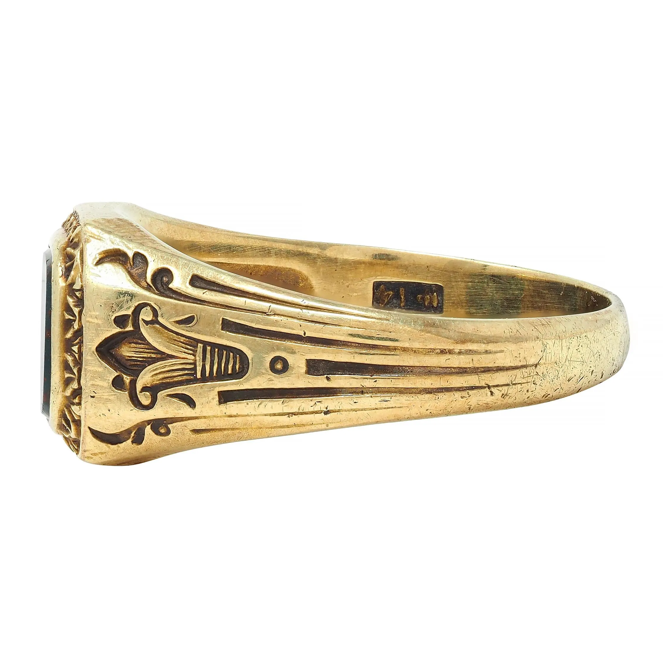 Art Deco Egyptian Revival Bloodstone 14 Karat Yellow Gold Antique Lotus Unisex Signet Ring