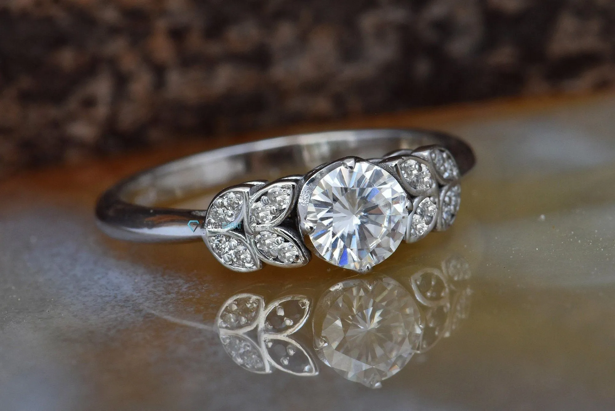Art deco Engagement Ring white gold 14k-Leaf engagement ring-Unique diamond ring-4 prong solitaire ring-Custom Ring- Promise ring